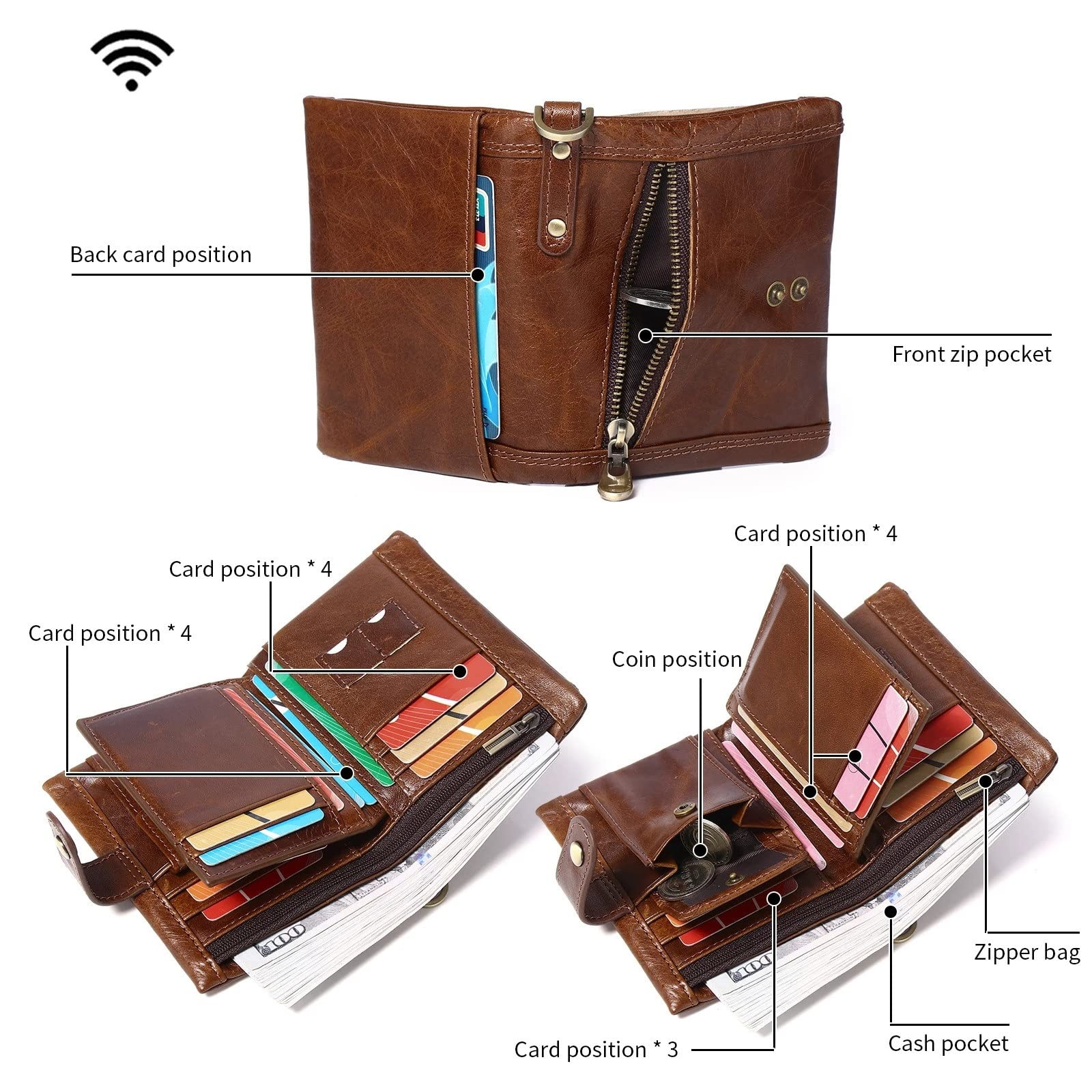 Męski portfel z łańcuszkiem męski portfel ze skóry z łańcuszkiem antykradzieżowym skórzany RFID podwójny składany portfel, kawa, 12x9.5cm, Klasyczny