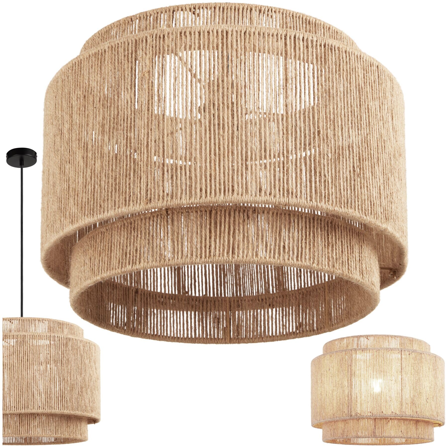 tectake® lampada a sospensione boho chic, lampadario cucina in juta a 3 livelli, paralume intrecciato E27, plafoniera soffitto, lampadario soggiorno, salotto, arredamento casa, 40W - Ø 46 x 32 cm