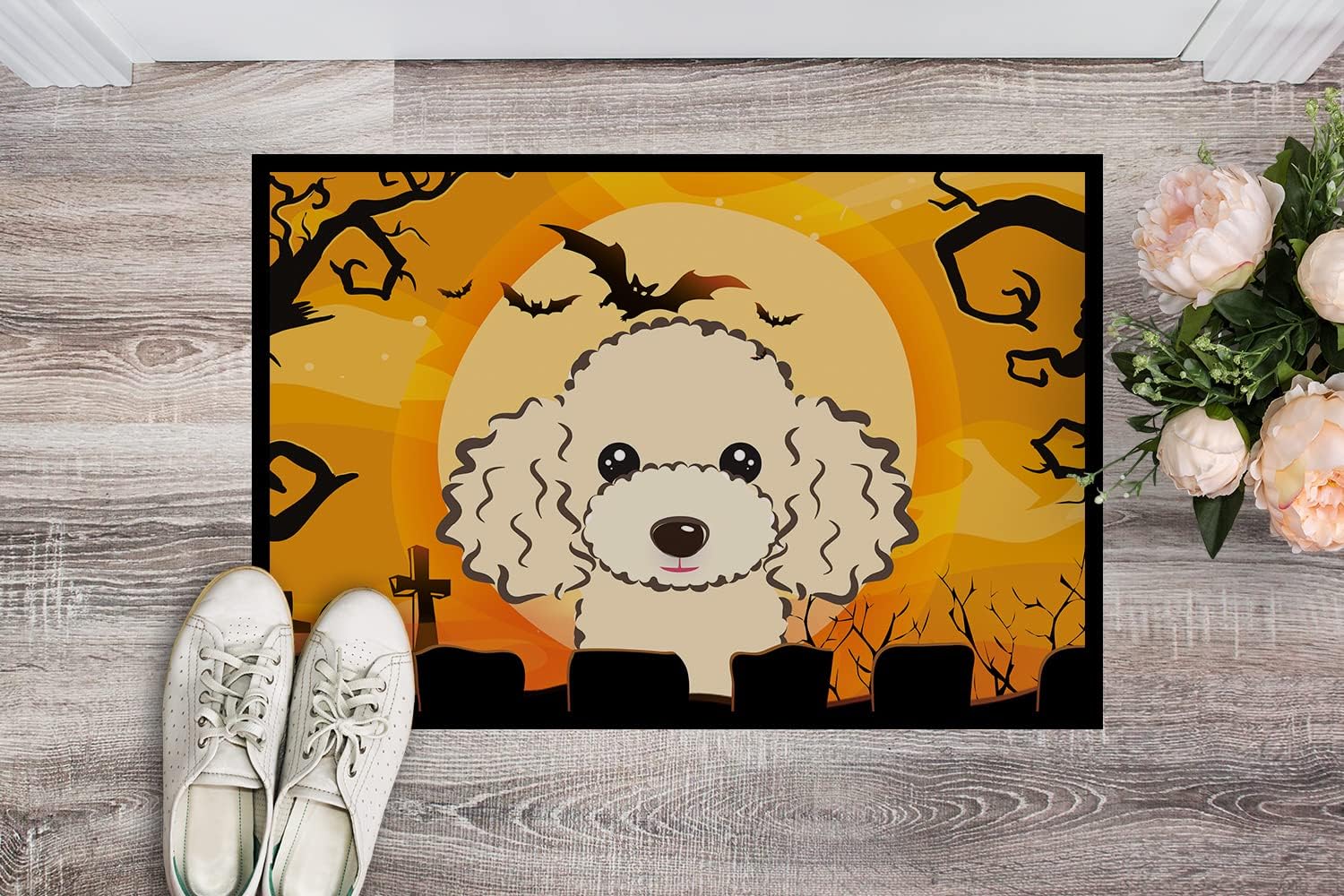 Caroline's Treasures BB1816MAT Halloween Buff Poodle Doormat 18x27 Front Door Mat Indoor Outdoor Rugs for Entryway, Non Slip Washable Low Pile, 18H X 27W
