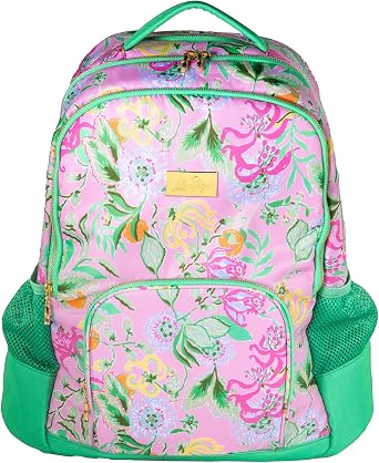 Lilly Pulitzer Large Backpack, Via Amore Spritzer | Cute Book Bag with 3 Zipper Compartments, Adjustable Padded Straps, Elastic Side Pockets, and Top Handle for Travel & Work