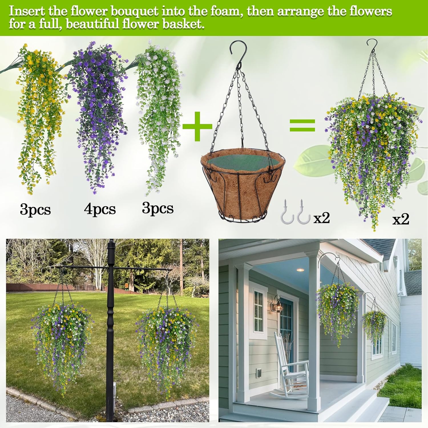 2 Set Artificial Flower Hanging Baskets for Outdoors, 20Pcs Fake Hanging Plants, Outdoor Faux Flowers UV Resistant for Spring Summer Porch Patio Garden Home Decoration (White+Purple+Yellow)