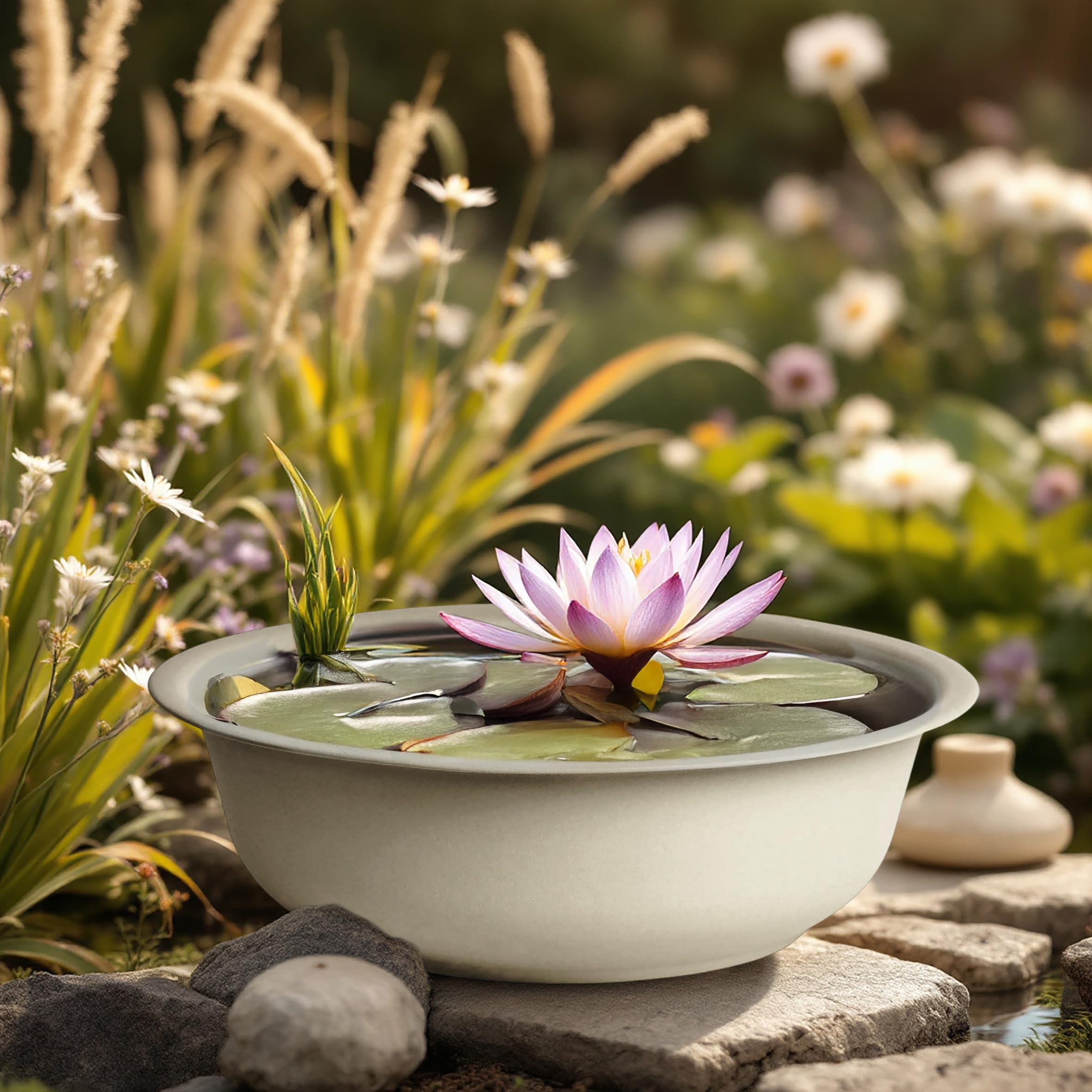 Spetebo Mini étang de jardin rond beige - 52 cm - Décoration de jardin en métal Grande vasque à fleurs - Étang décoratif Mini étang Étang de balcon Bac d'étang Pot de fleurs Bac à eau Étang Bassin