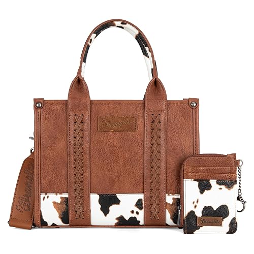 Wrangler Tote Bag Set for Women Cow Print Top Handle Purse Boho Shoulder Handbags with A Cute Matching Wallet - Brown
