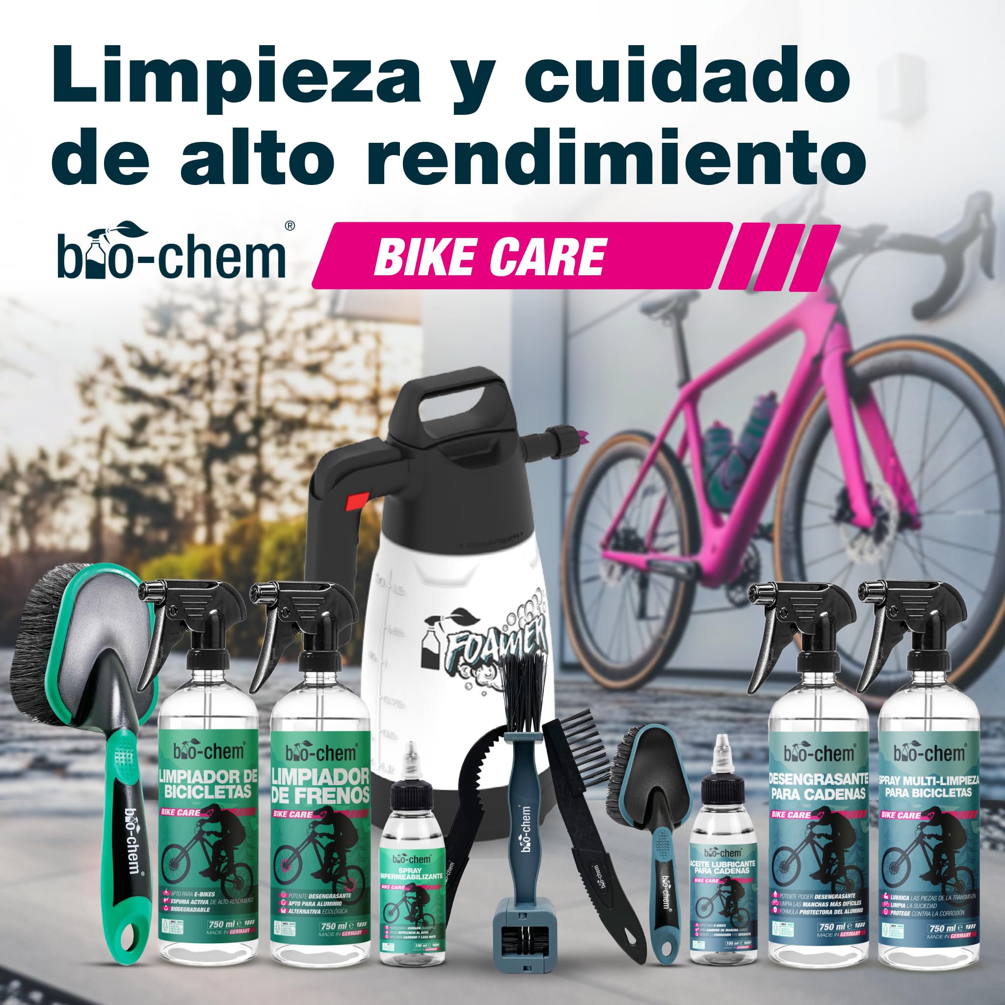 bio-chem Kit de limpieza de 9 productos para bicis, BTT y bicis eléctricas | Pulverizador de espuma, cepillos para la cadena y el cuadro y paño de microfibra - Limpieza y mantenimiento de la bicicleta