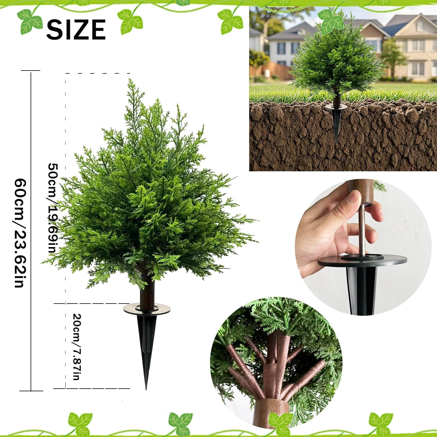 24 Inch Artificial Cypress Topiary Trees 2 Pack-Realistic Faux Boxwood Shrubs with Plastic Ground Stakes, Outdoor Garden Decor for Patio, Yard, Porch, Low Maintenance Landscape Design (1PC)