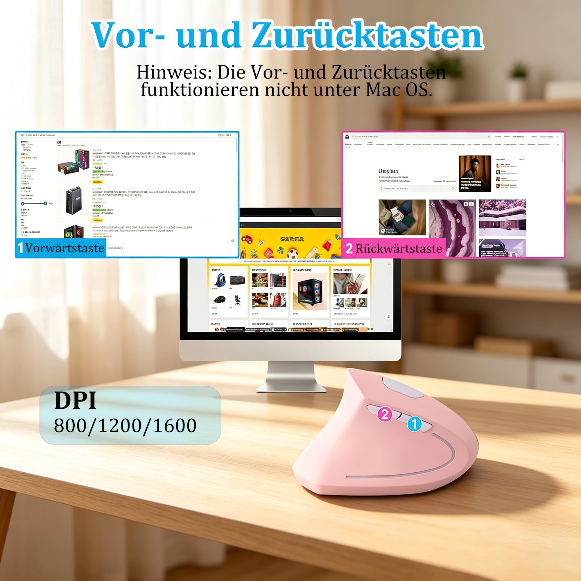 Mouse verticale ergonomico senza fili per mancini, 2,4 G, silenzioso, senza fili, 3 DPI regolabili, 6 pulsanti, per PC, laptop, notebook, computer, allevia il dolore al polso (rosa)