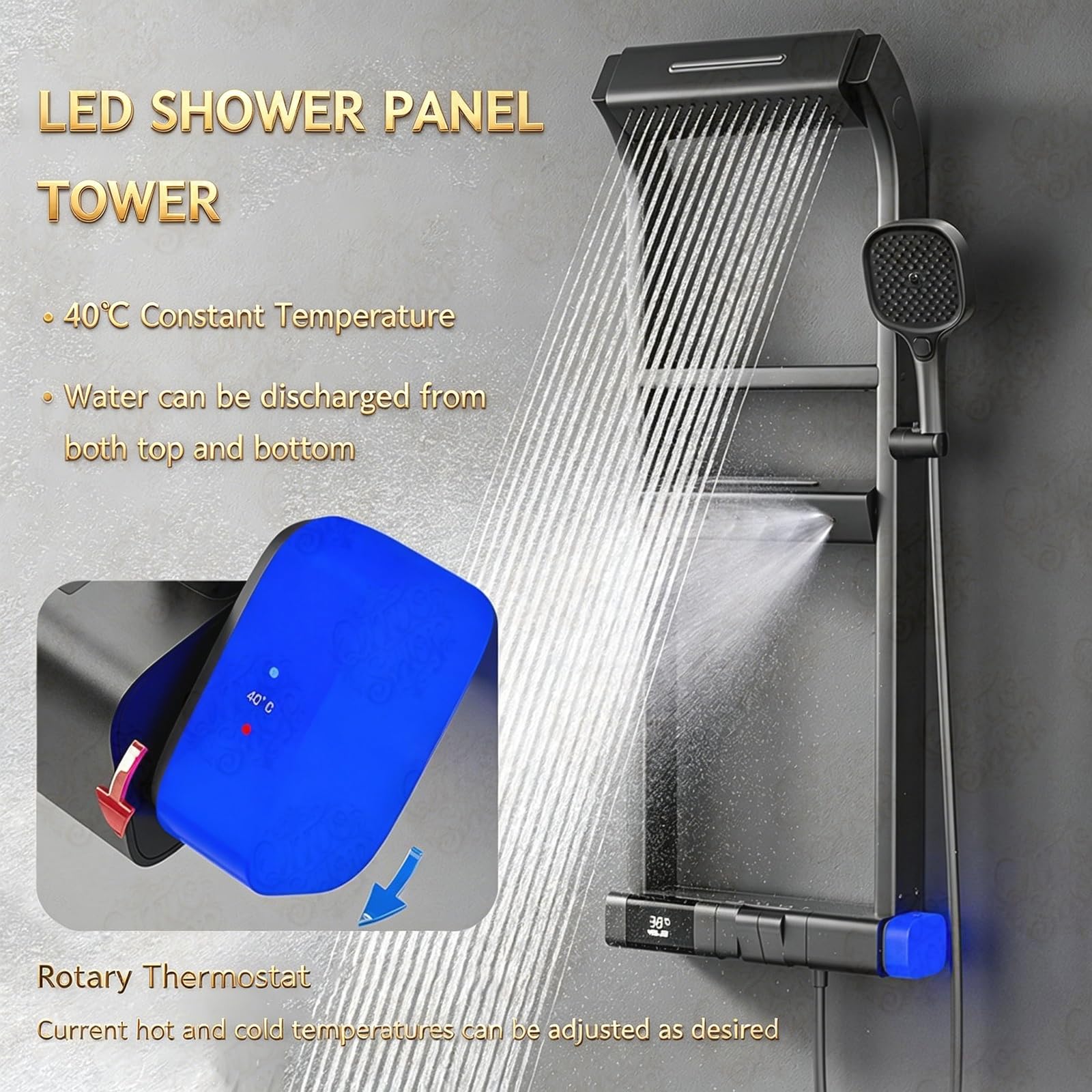 Termostatyczny system prysznicowy,ulepszony zestaw natryskowy z 6 funkcjami w stylu „piano key”,baterie prysznicowe 40 x 10 cm,kompletne i ręczne,wyświetlacz cyfrowy LED,miedź 59A