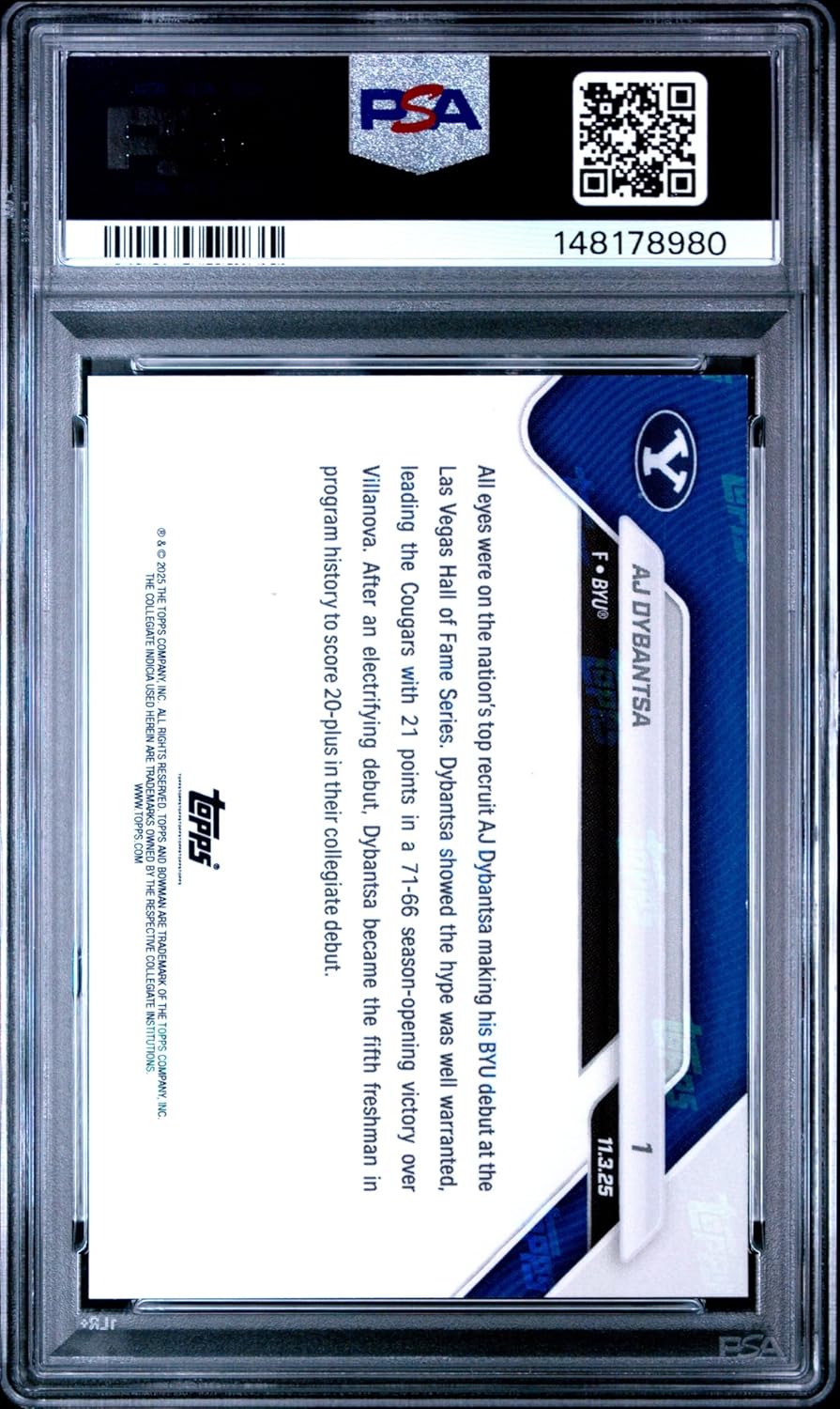 Graded 2025 Topps Bowman U Now AJ Dybantsa #1 Rookie RC Basketball Card PSA 9 Mint