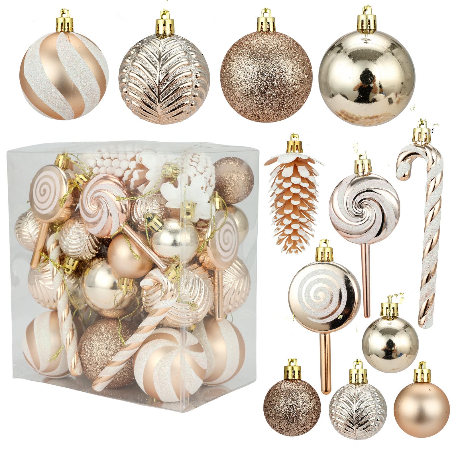 Christmas Tree Decorations, Candy Cane Christmas Decorations 40 PCS Christmas Ball Ornaments Set, Christmas Ornaments Balls Shatterproof Hanging Ornaments Kit (Champagne Color)