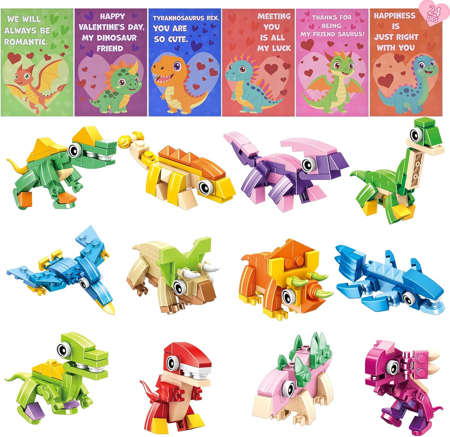 Pinkcow Valentines Day Gifts for Kids Classroom - 3-in-1 Dinosaur Building Blocks with Valentines Cards for Toddler Class School Exchange - Dinosaur Toys for Party Favors, Boys Girls - 24 Packs
