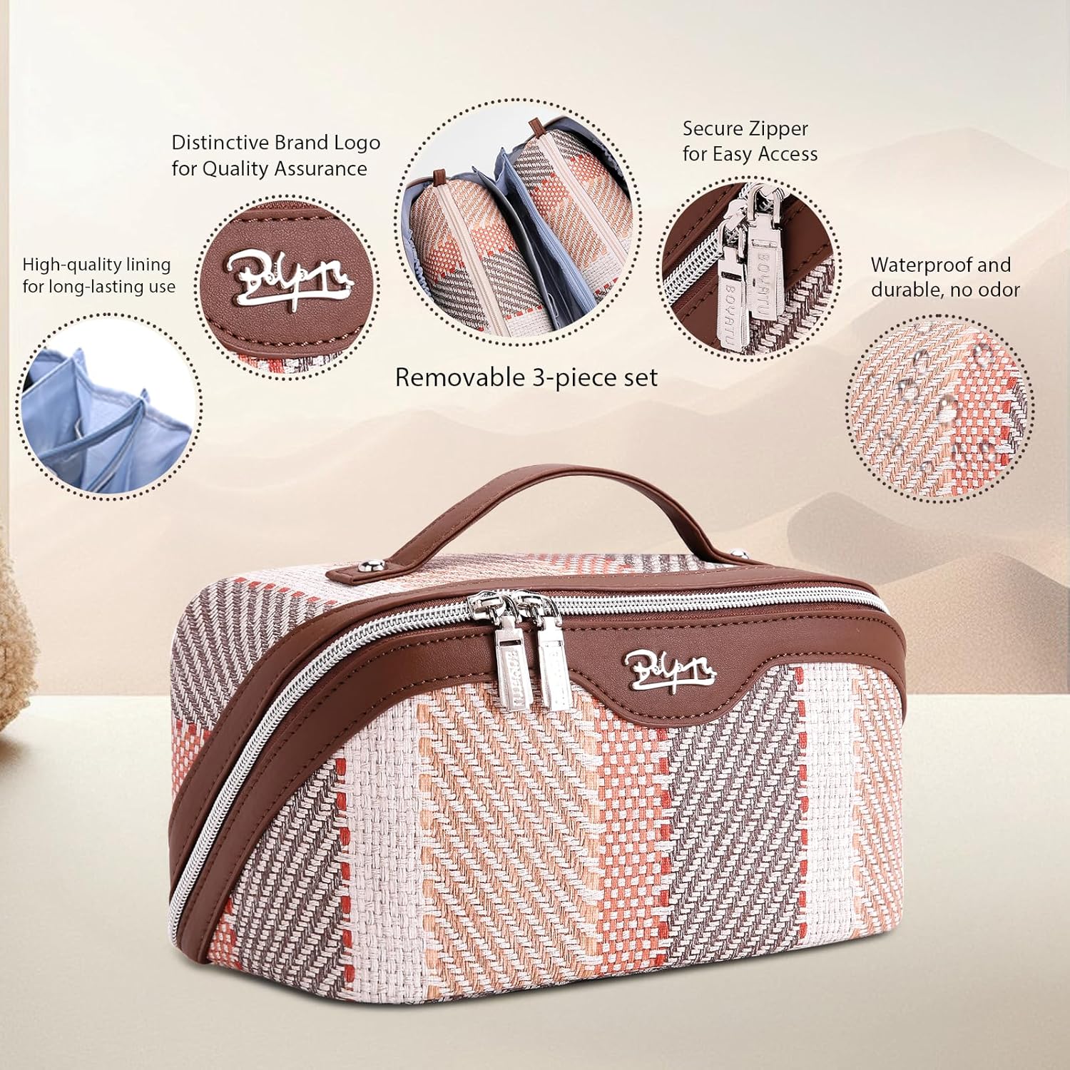 BOYATU Travel Makeup Bag Cosmetic Bag for Women: 3 Pcs Set Make up Bag with Compartments - Waterproof Vegan Leather Toiletry Bags with Handle - Makeup Organizer for Travel Essentials(C-5-Coffee)
