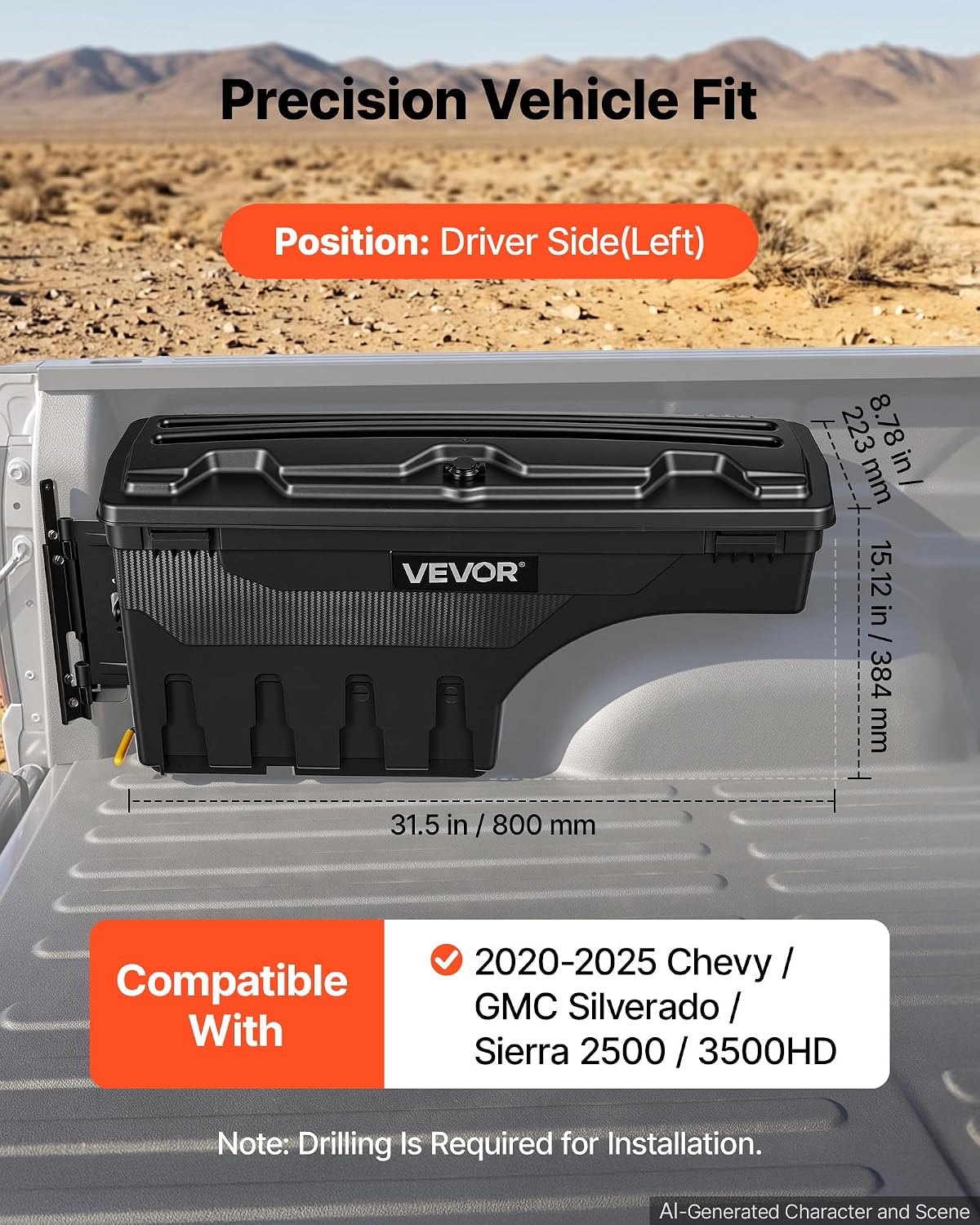 VEVOR Truck Bed Storage Box 6.6 Gal/25 L Waterproof ABS Wheel Well Tool Box image 2