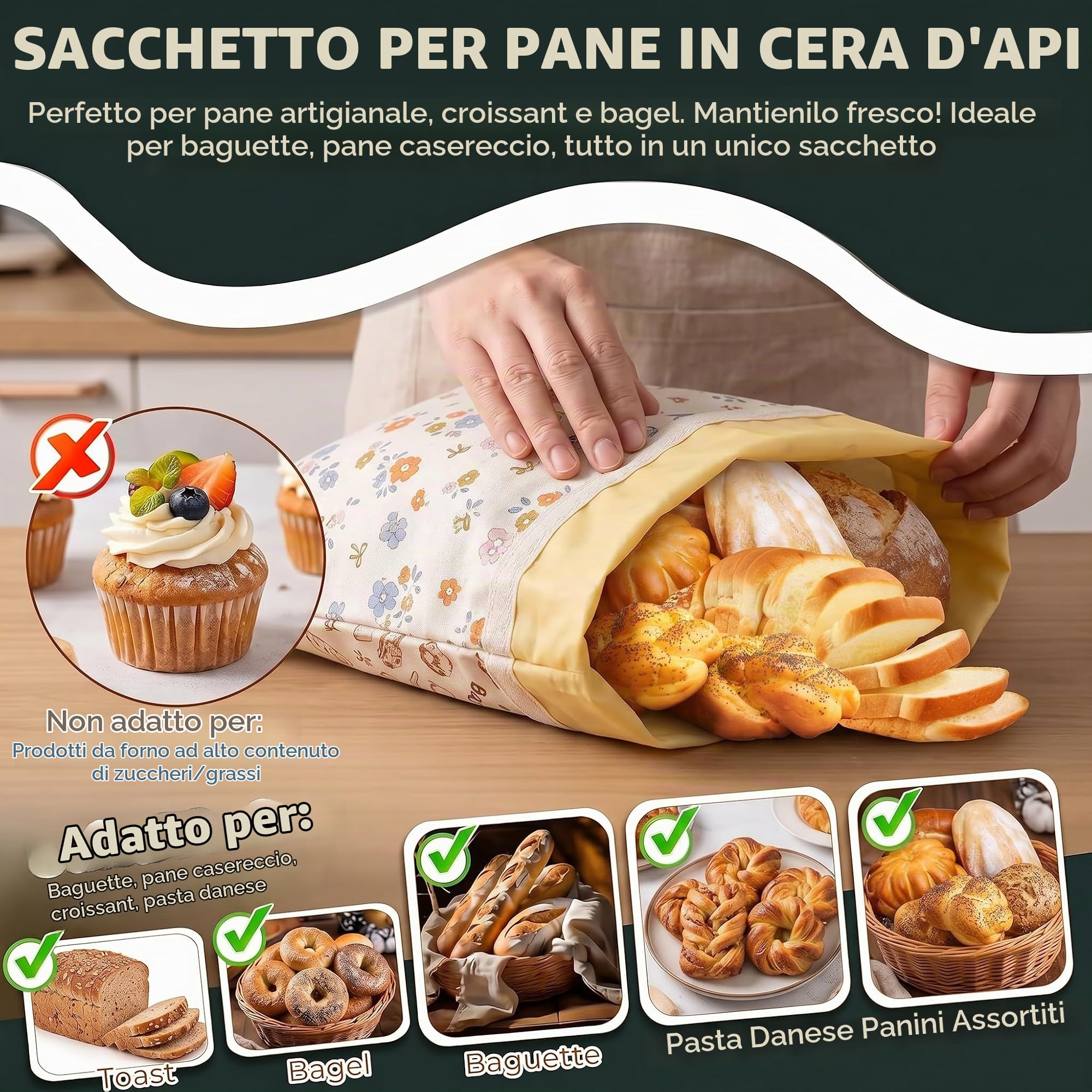 Set da 2 Sacchetti per Pane in Cera d'Api Riutilizzabili 43.2x33cm,Buste in Cotone Rivestito Naturale con Cerniera,Per Pane Fatto in Casa,Prodotti da Forno,Frutta e Verdura,Conservazione Alimenti