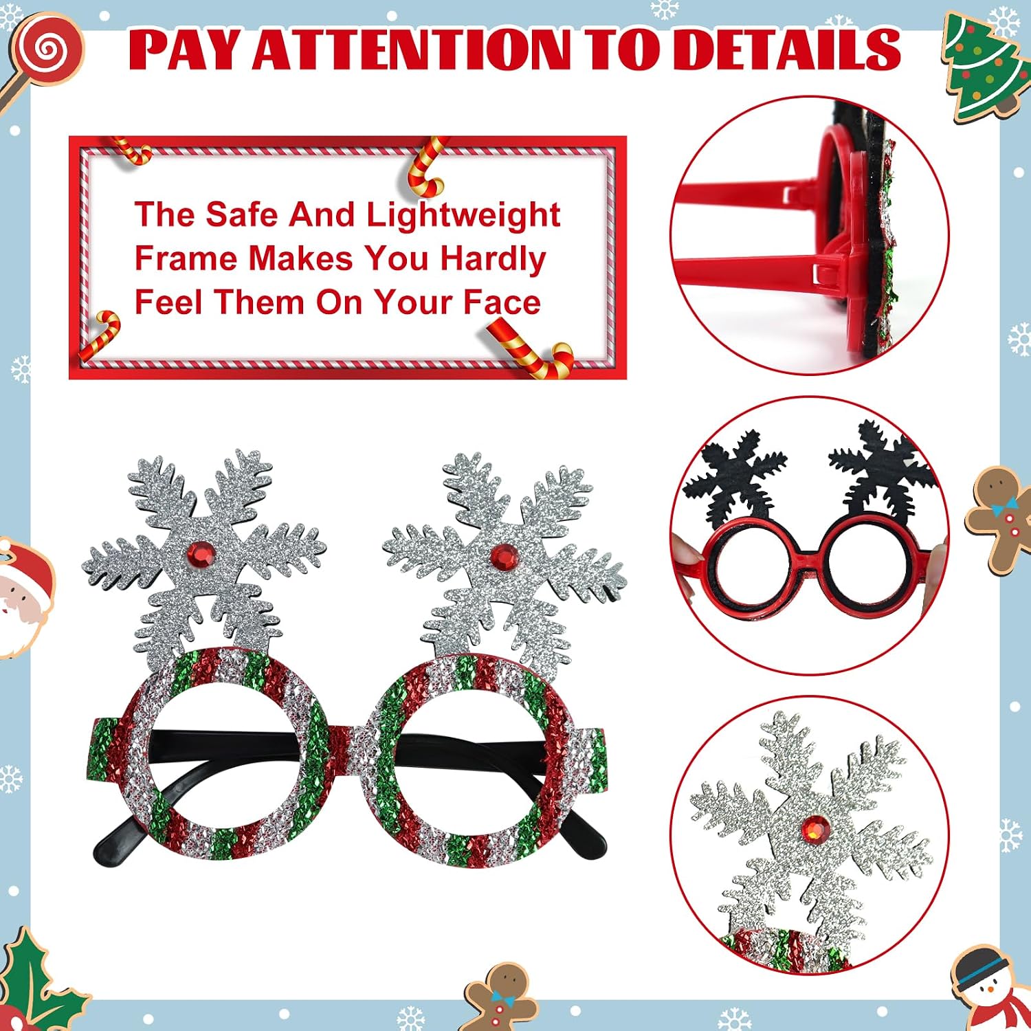 48Pcs Christmas Glasses Glitter Party Glasses Frames for Adults, Funny Christmas Eyeglasses Decoration Accessories for Xmas Party Holiday Favors Photo Booth(One Size Fits All)