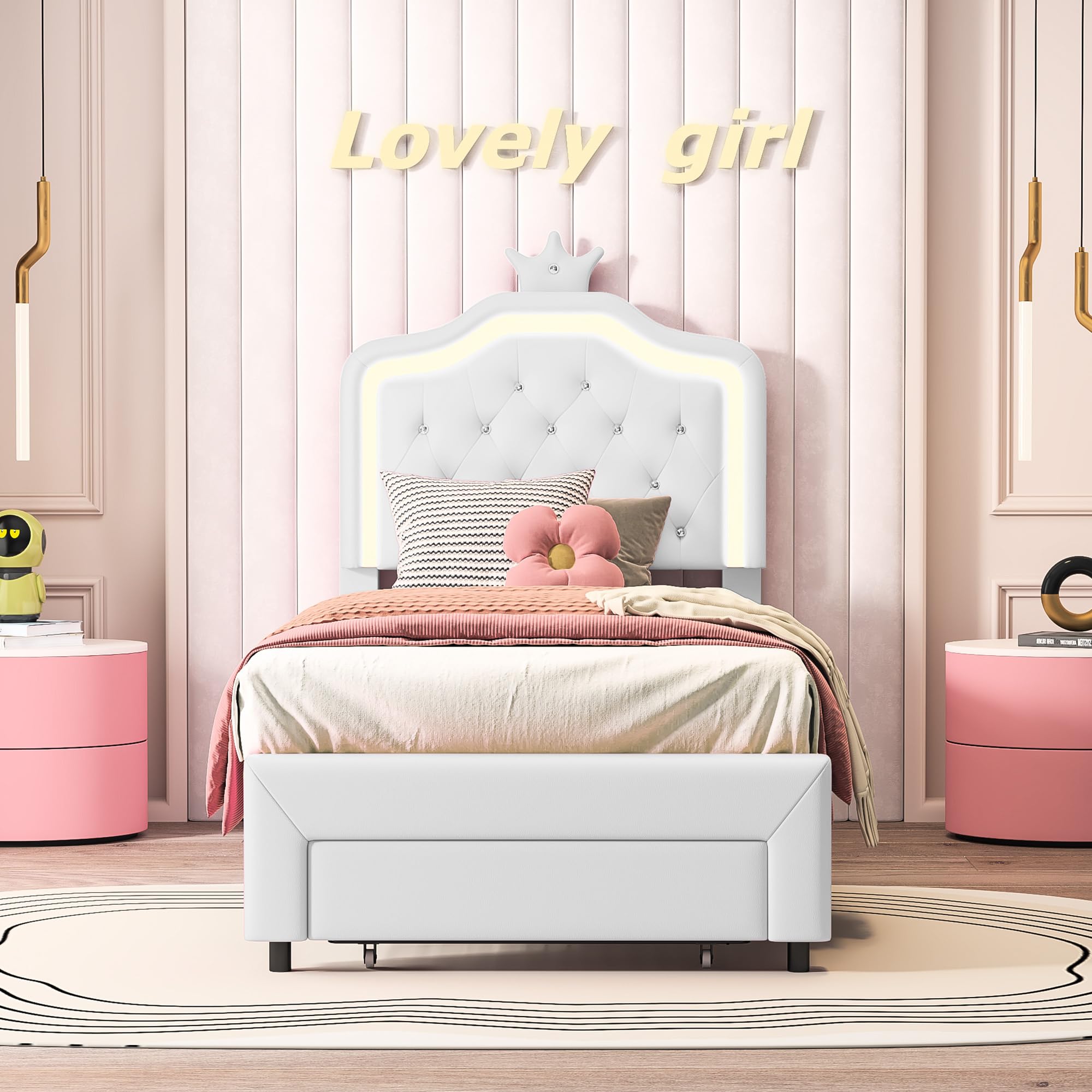 Lit Princesse Enfant 90x200 cm avec Tiroirs de Rangement, Tête de Lit Capitonnée avec LED et Décor Couronne, Revêtement en Similicuir Blanc – Design Féérique pour Fille (Blanc, 90x200 cm)