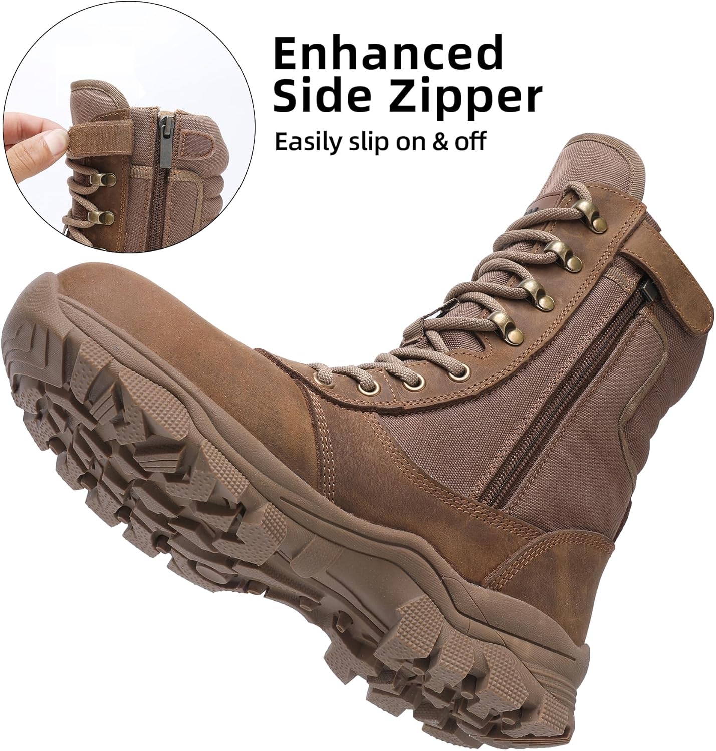 DahWe Men's Steel Toe Work Boots with Side Zipper 8 inch Lightweight Comfortable Indestructible Puncture Proof for Industrial Construction Warehouse Roofing Logger Riding Safety - Image 4