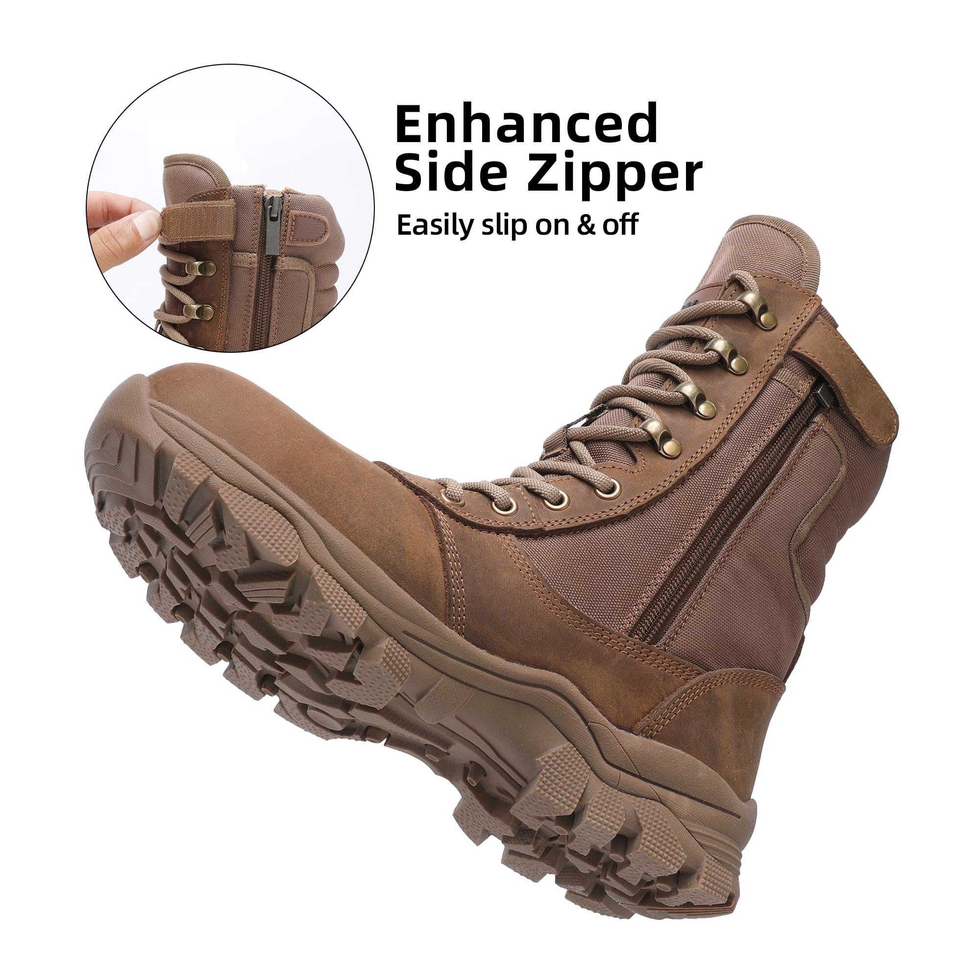 Men's Steel Toe Work Boots with Side Zipper 8 inch Lightweight Comfortable Indestructible Puncture Proof for Industrial Construction Warehouse Roofing Logger Riding Safety