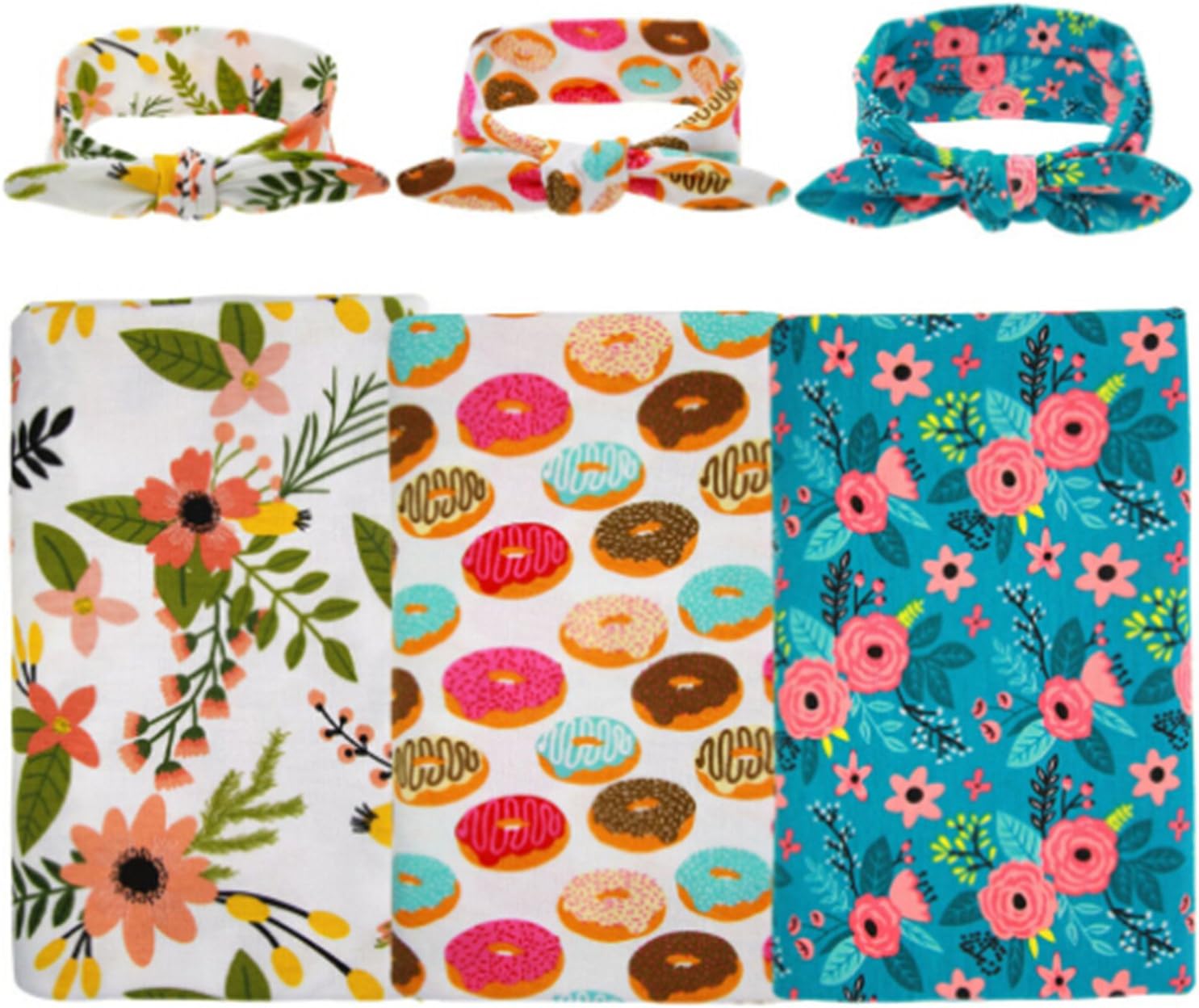 habibee Newborn Swaddle Blanket Headband with Bow Set Baby Receiving Blankets (B Floral 3 Packs)