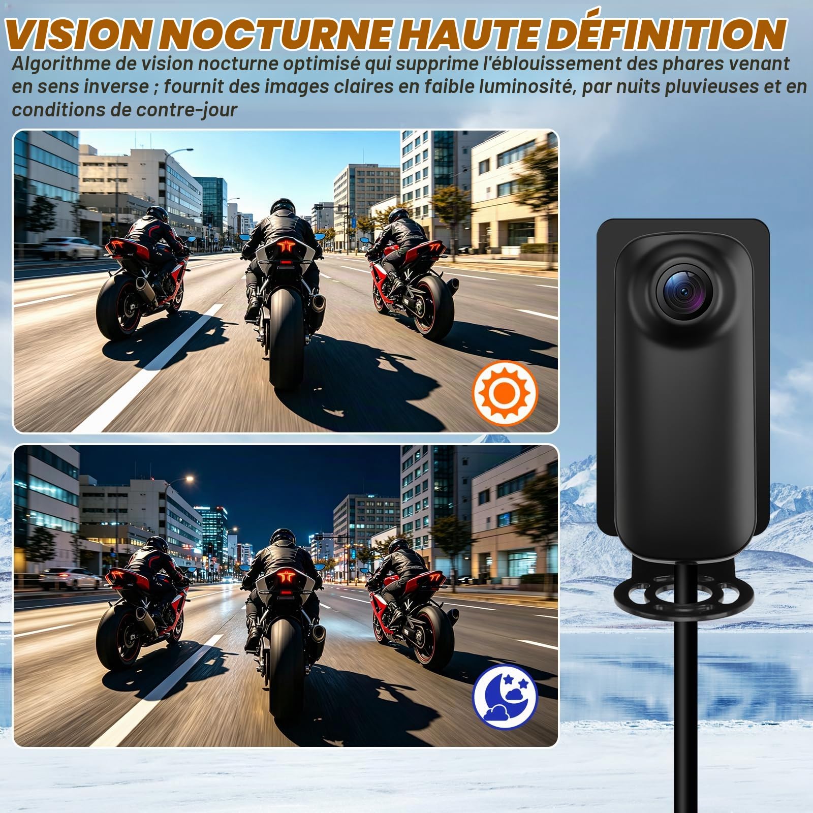 Caméra embarquée 1296P pour Moto, étanche IP67, avec Vision Nocturne et Grand Angle d'ouverture de 146°, caméra 8-100 V, Connexion d'alimentation Via Acc pour Moto/vélo électrique