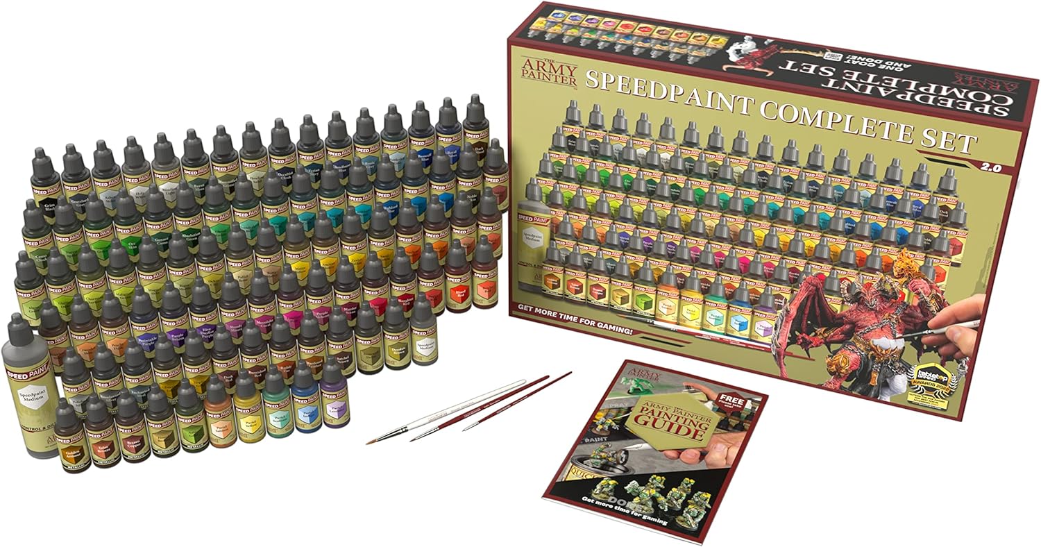 The Army Painter Speedpaint 2.0 Complete Paint Set, 90 x 18ml Speedpaints incl. 10 metallics, 1 Medium & 1 Free Brush for miniature and model painting