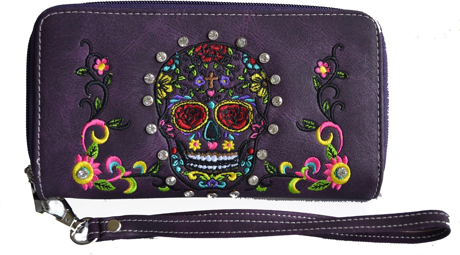 sugar skull day of the dead embroidery gun concealed carry handbag purse set (purple)