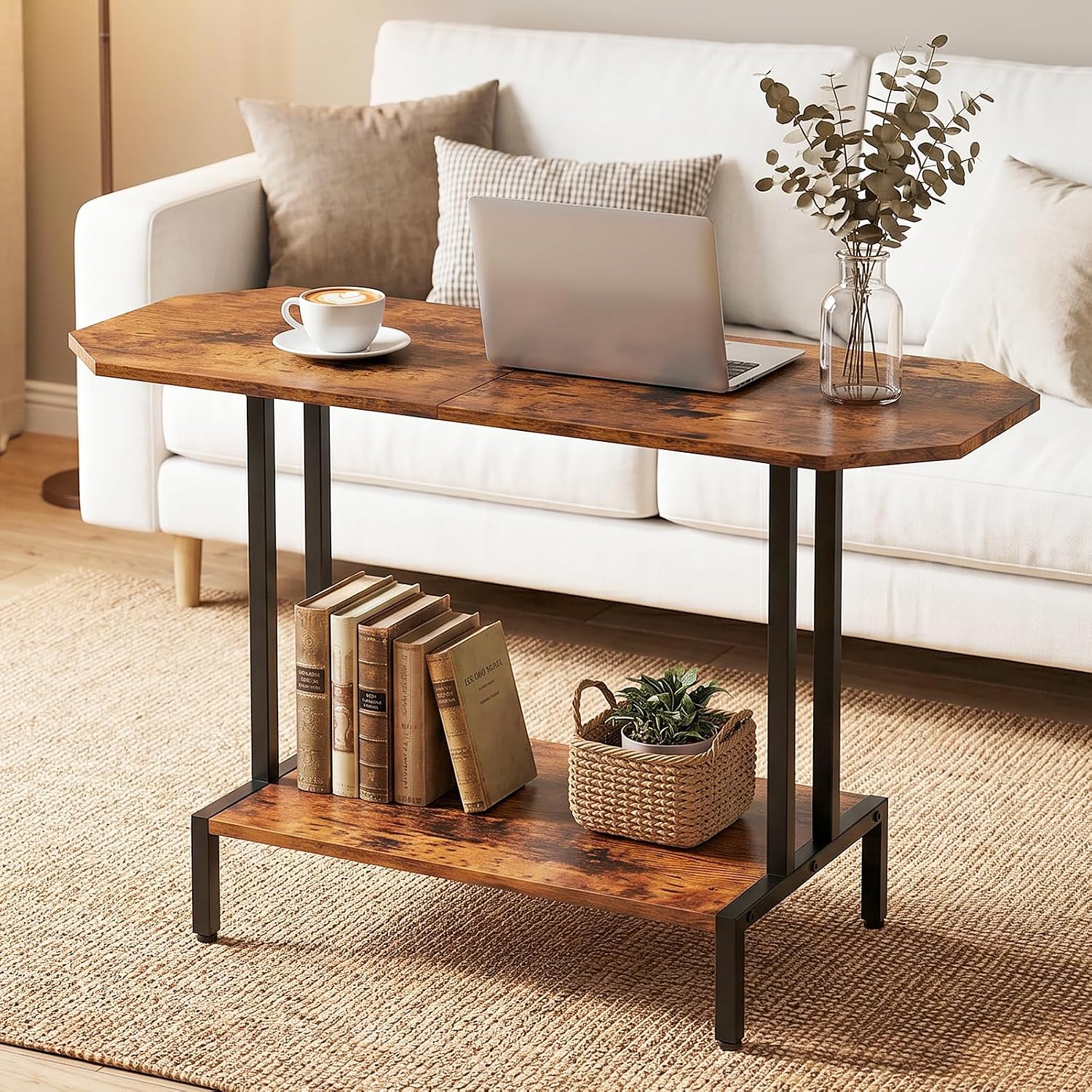 Small Coffee Tables for Living Room Wood Tea Table | 2-Tier Center Table, Industrial Rectangle Coffee Table, for Large or Small Spaces, with Storage Shelf, Wood Tabletop