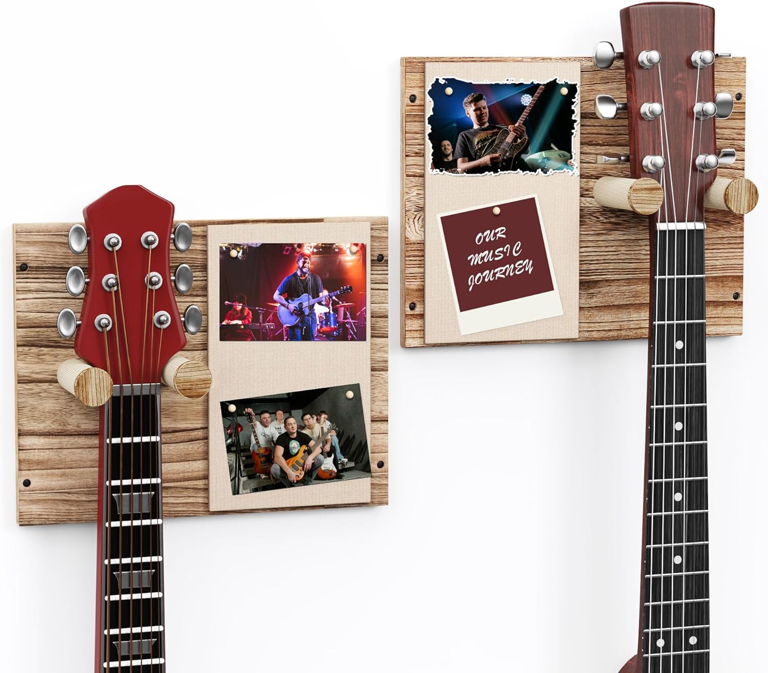 2 Pack Guitar Wall Mount with Memo Board - Wooden Guitar Hanger for Acoustic, Electric Guitars & Ukuleles, Display Photos & Concert Tickets, Rustic Music Wall Decor (Brown)