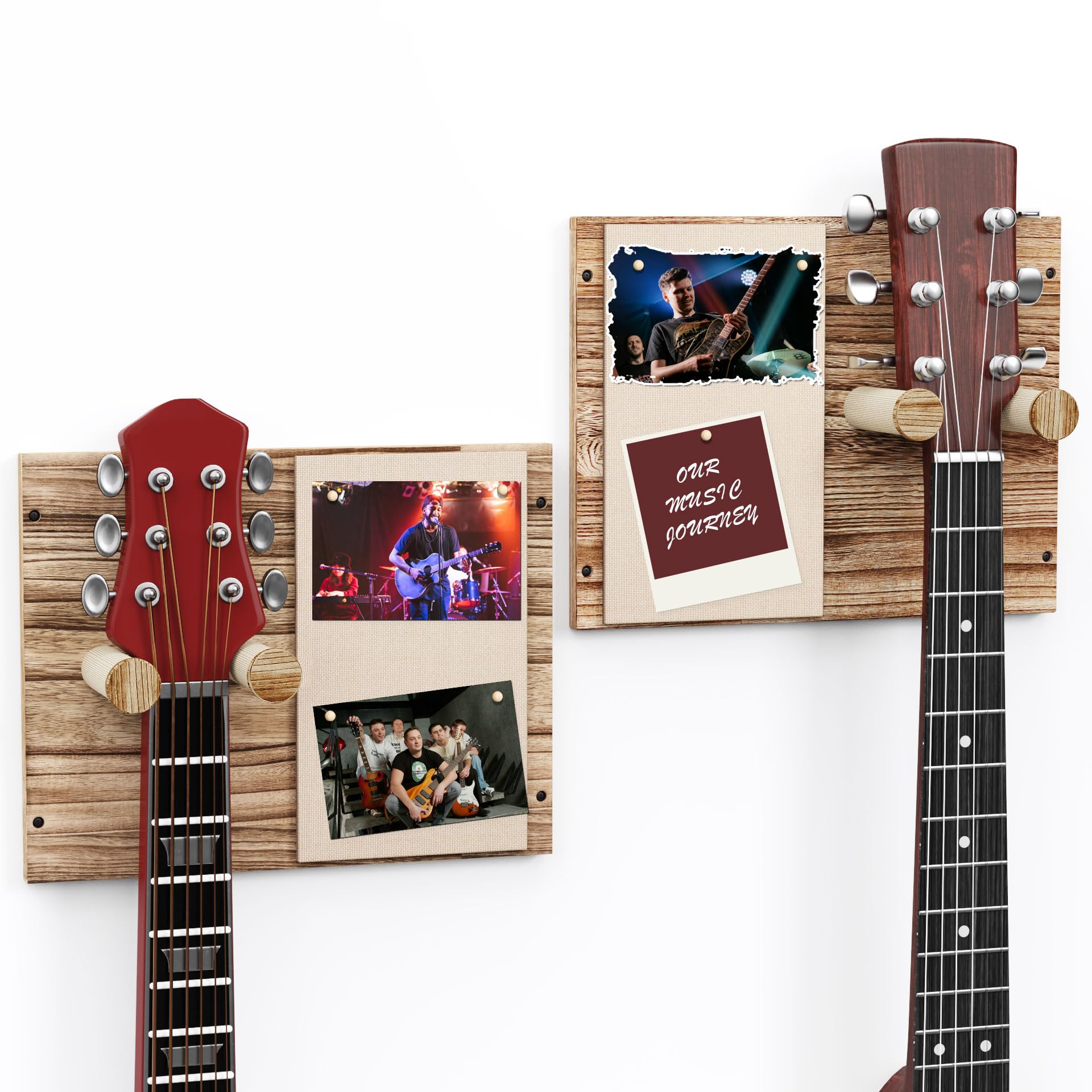 Eslujo 2 Pack Guitar Wall Mount with Memo Board - Wooden Guitar Hanger for Acoustic, Electric Guitars & Ukuleles, Display Photos & Concert Tickets,
