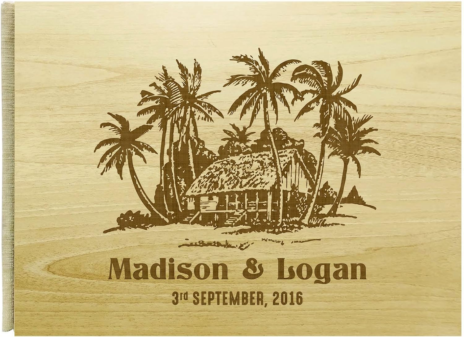 Handmade Beach House Personalized Name Engraved Wood Wedding Guestbook Bride & Groom Rustic Guest Book - 50 Pages
