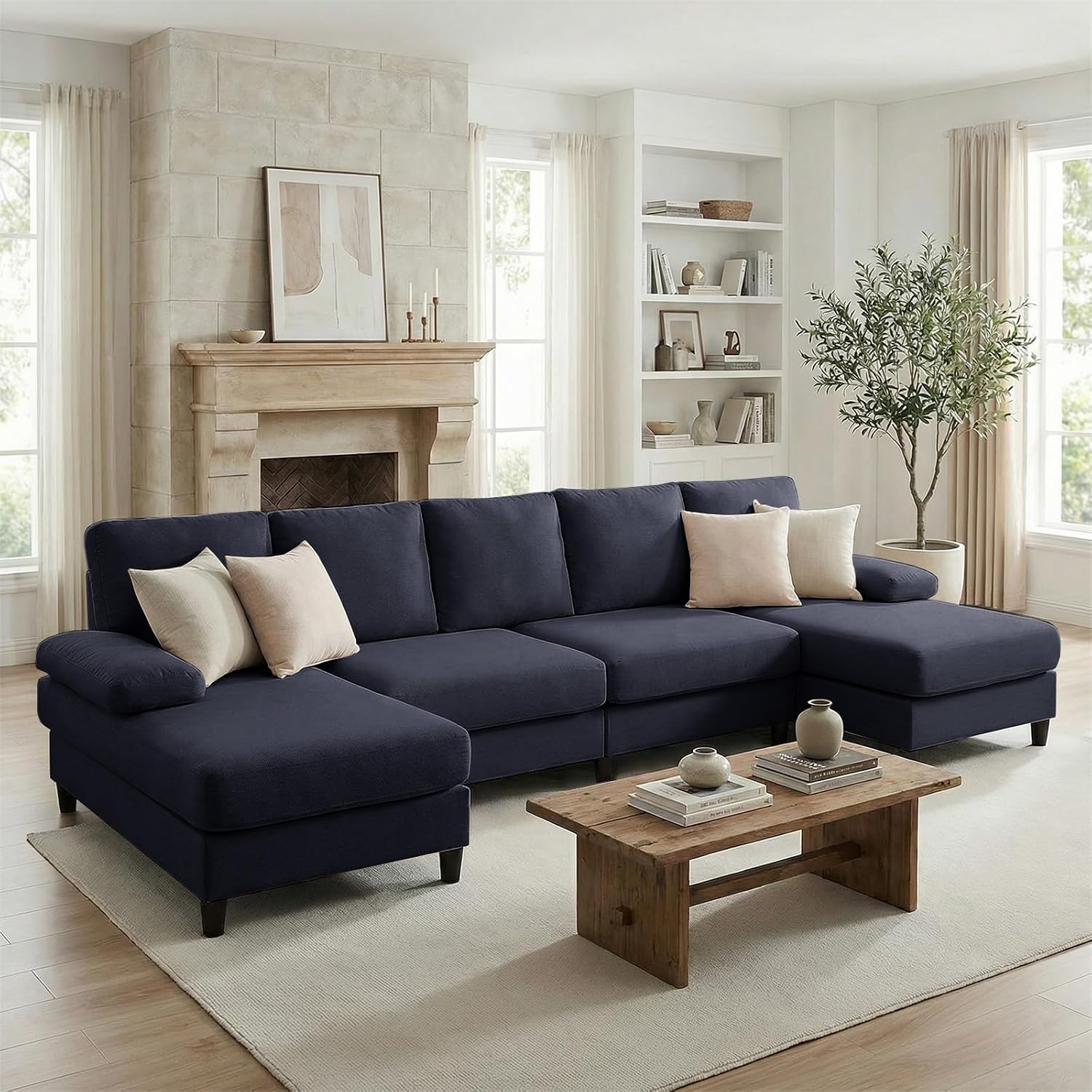 Mjkone U Shaped Sectional Sofa, 280CM Modular Couch with Double Chaise, 4-Seat Linen Fabric Living Room Sofa Couches with Memory Foam Cushions for Apartment Home Office, Dark Grey