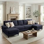 Mjkone U Shaped Sofa, Living Room U-Shaped Couch with Chaise, 280CM Modular Linen Oversized 4-Seat Sofa Set, Sectional Couches for Living Room, Apartment, Small Space, Dark Grey