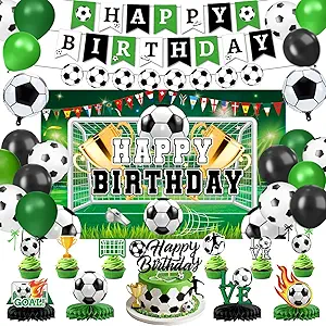 Soccer Birthday Party Decorations Includes Banner, Backdrop, Foil & Latex Balloons, Cake & Cupcake Toppers, Honeycomb Centerpieces for Boy Soccer Themed Party Decorations