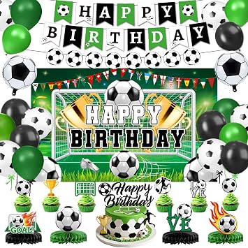 Soccer Birthday Party Decorations Includes Banner, Backdrop, Foil & Latex Balloons, Cake & Cupcake Toppers, Honeycomb Centerpieces for Soccer Themed Party Decorations