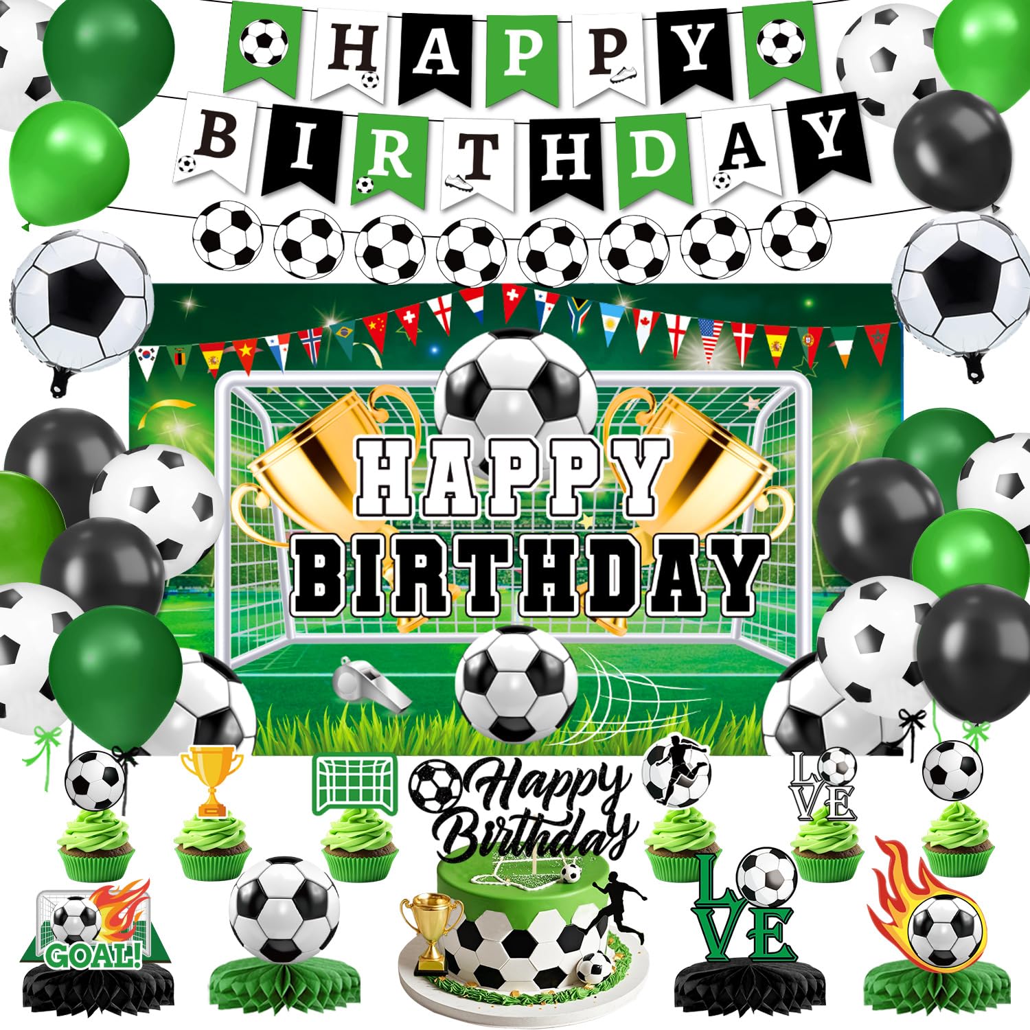 Soccer Birthday Party Decorations Includes Banner, Backdrop, Foil & Latex Balloons, Cake & Cupcake Toppers, Honeycomb Centerpieces for Soccer Themed Party Decorations