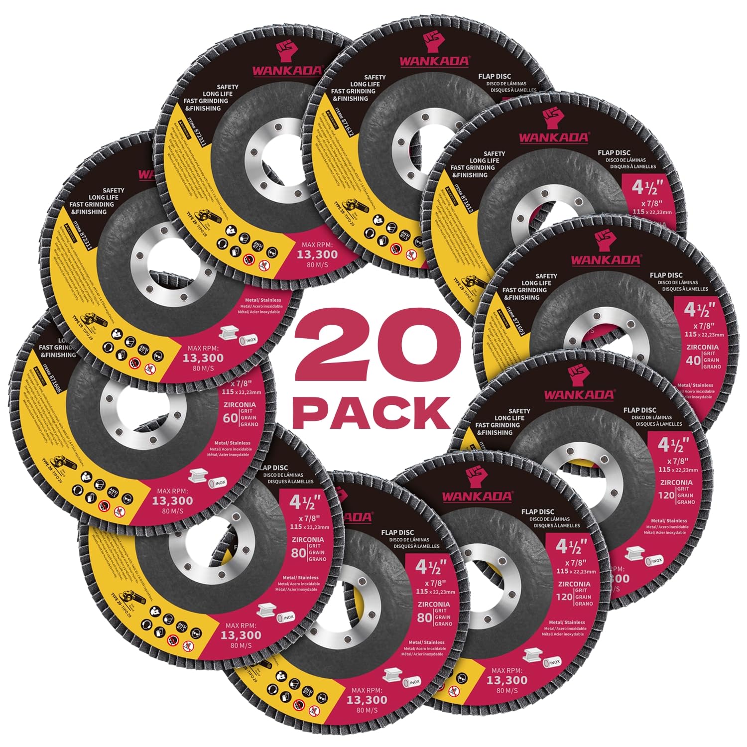 40/60/80/120 Mixed Grit Zirconia Flap Disc 4-1/2" x 7/8-Inch Abrasive Sanding Disc Bevel Type 29 Angle Grinder Edge Grinding Wheel for Stainless Steel and Metal (Pack of 20)