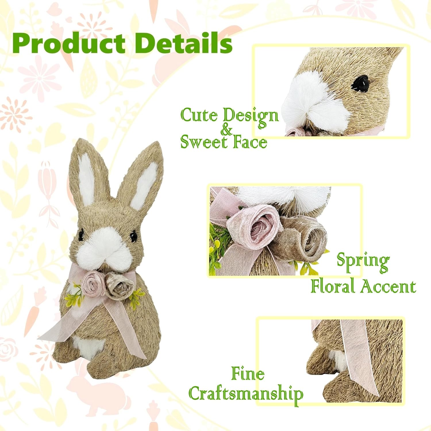 naturevibe 10 Inches Sisal Bunny Easter Decor,Set of 2 Easter Bunny w Floral Bow as Spring Decor,Decorative Farm Animals as Home Decorations