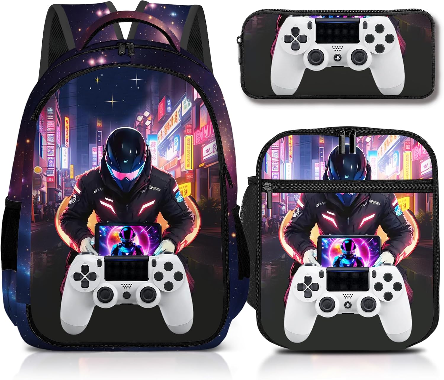 Game Backpack Set for Boys, Gaming Backpack 3 Pack, Boys Lunch Box, and Pencil Bag for Kids, 17"