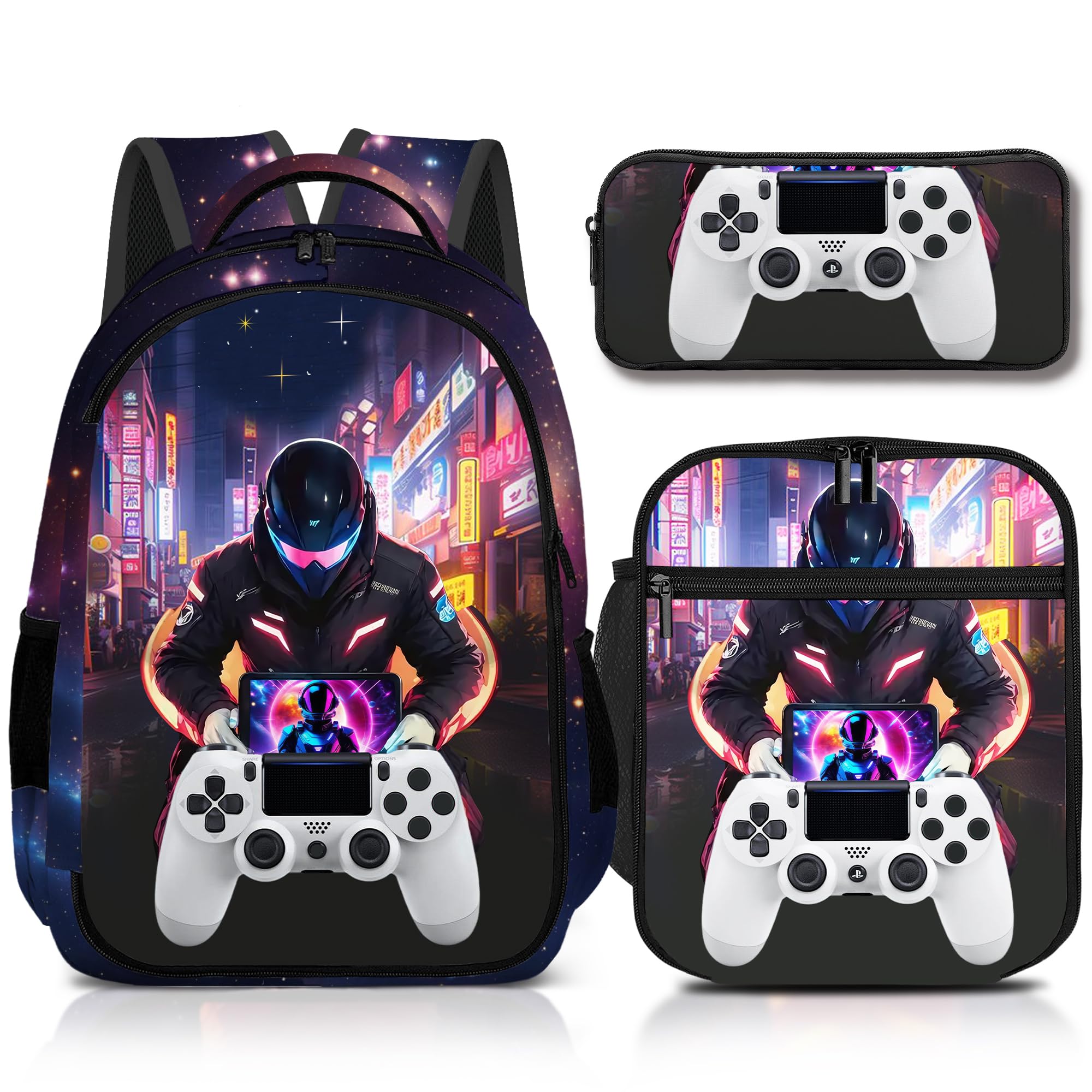 jvycjlu Game Backpack Set for Boys, Gaming Backpack 3 Pack, Boys Lunch Box, and Pencil Bag for Kids, 17"