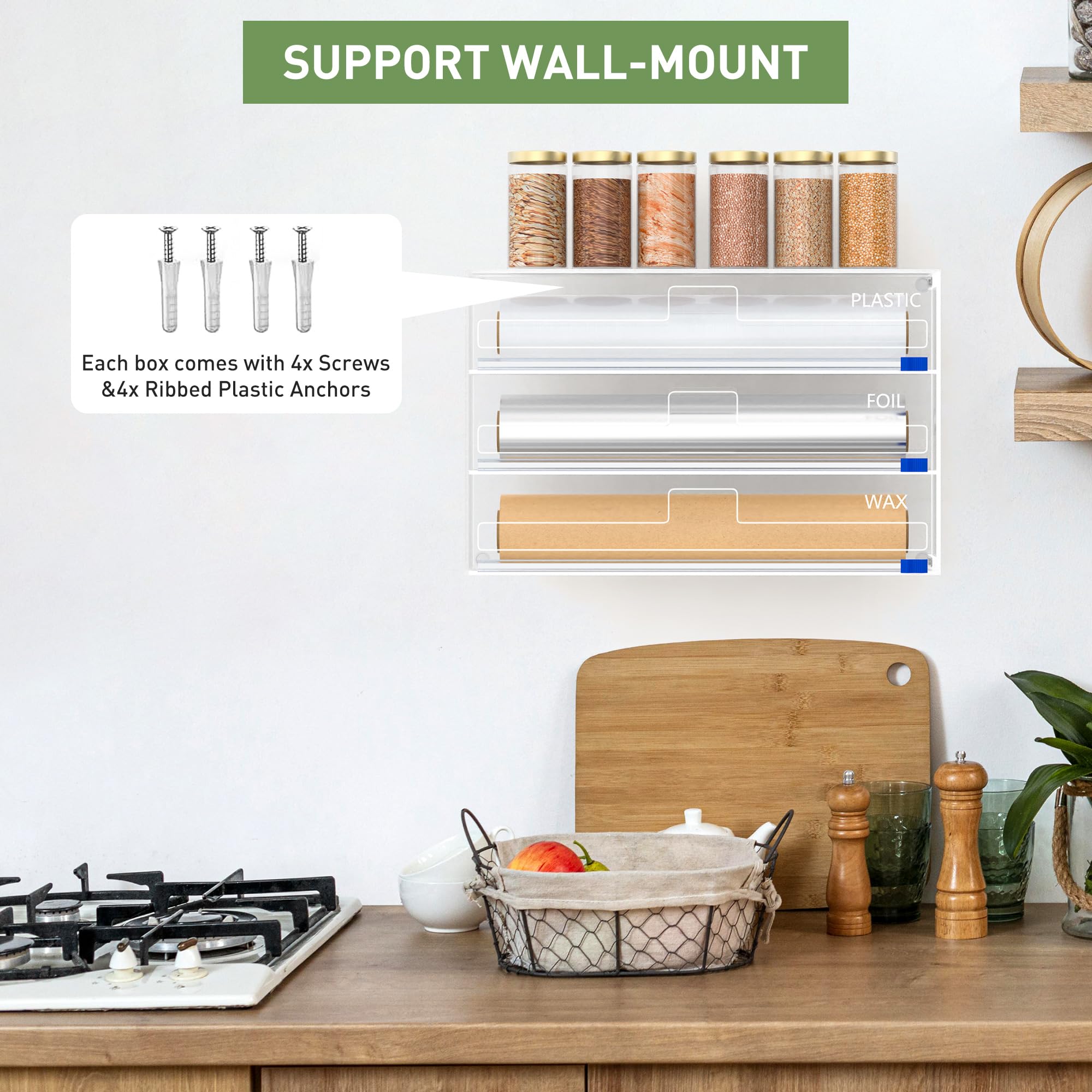 Dispensador de plástico con Cortador y Almohadilla Antideslizante, Organizador 3 en 1 Compatible con Rollo de Papel de Cera y Papel de Cera de 12 Pulgadas, cajones de Cocina, encimera o Montaje en