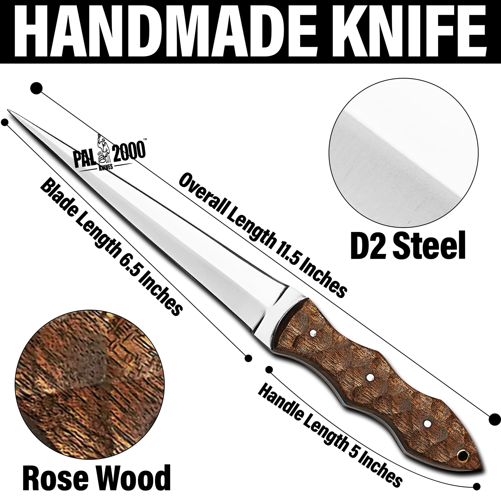 PAL 2000 KNIVES Handmade D2 Steel 11.4 Inches Hunting High Polish Dagger Knife 3167