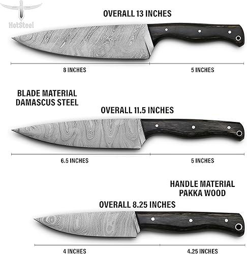 Miniatura 3 de Juego de 3 cuchillos de chef hechos a mano con elegante mango de madera de Pakkawood diseño ergonómico, cuchillos de cocina profesionales ultra