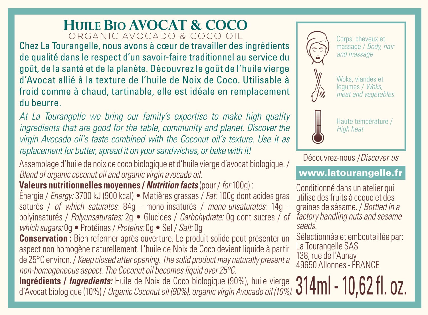 La Tourangelle - Huile bio avocat et coco - Mélange d'huile vierge d'avocat et de noix de coco - Huile cosmétique pour peaux et cheveux - 314ml