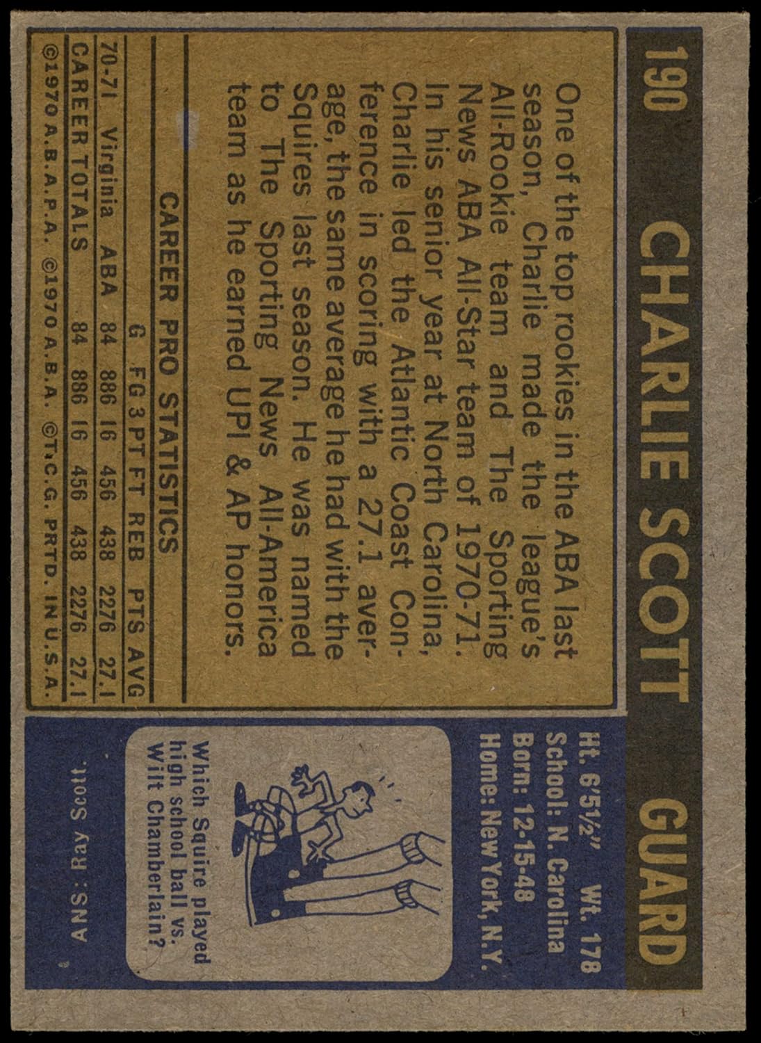 1971 Topps #190 Charlie Scott Virginia Squires (Basketball Card) EX Squires North Carolina