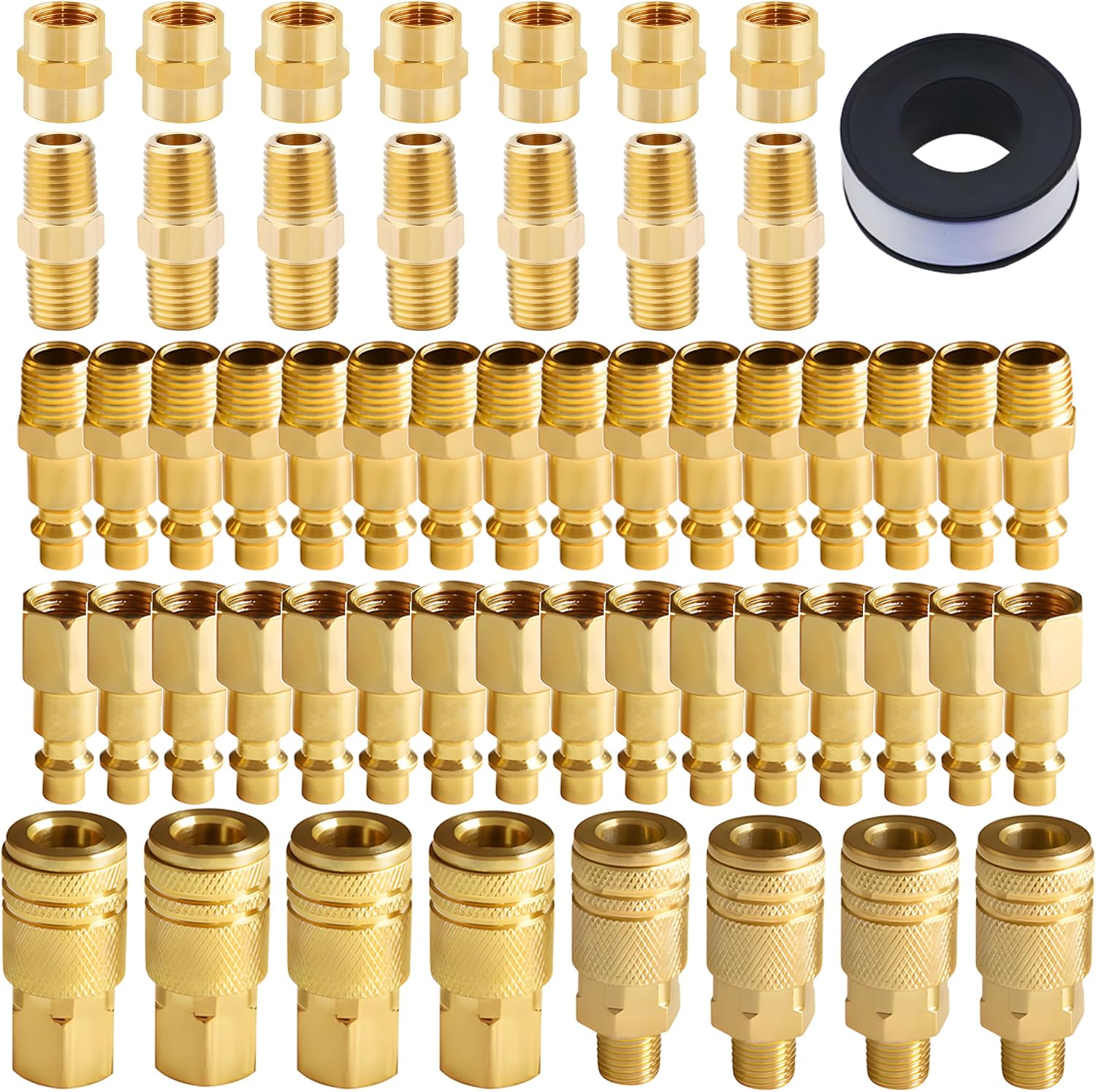 55-Piece Premium 1/4 Inch Air Fittings Kit with Teflon Tape | Includes Quick Connect Couplers, Plugs, Hex Nipples & Couplers for Air Compressor Hose Repair