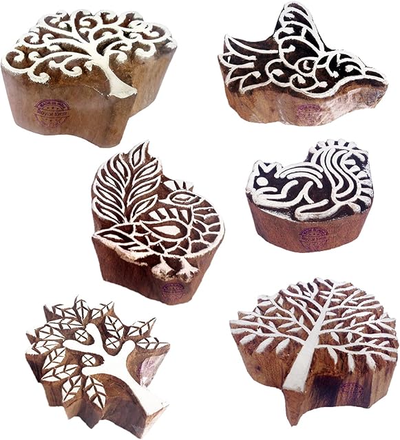 Rural Shapes Tree and Bird Wooden Stamps for Printing (Set of 6)