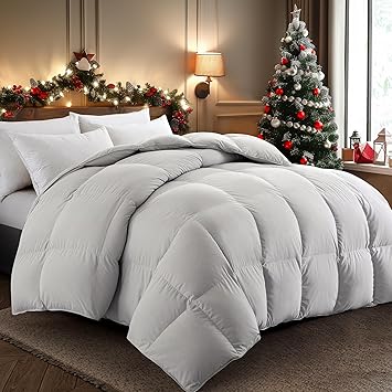 puredown Feather Comforter Twin Size, All Season Duvet Insert, Hotel Collection Medium Warm Quilted Bed Comforter with Corner TabsLight Grey