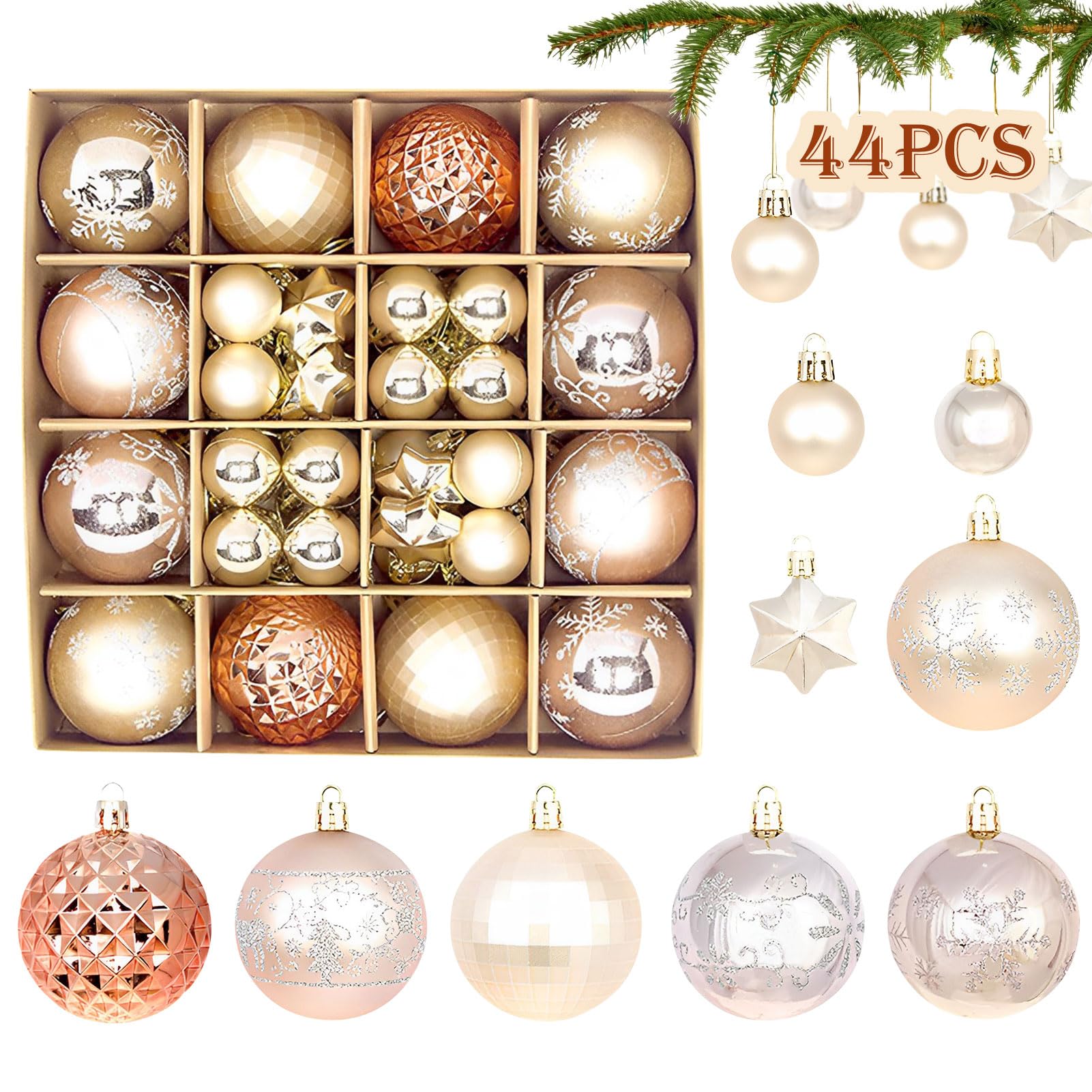 44 Adornos De Navidad Blanco Y Oro | Bolas De Árbol De Plástico Irrompible | 6cm, 4.3cm Y 3cm | Incluye Ganchos | Decoración Para Fiestas