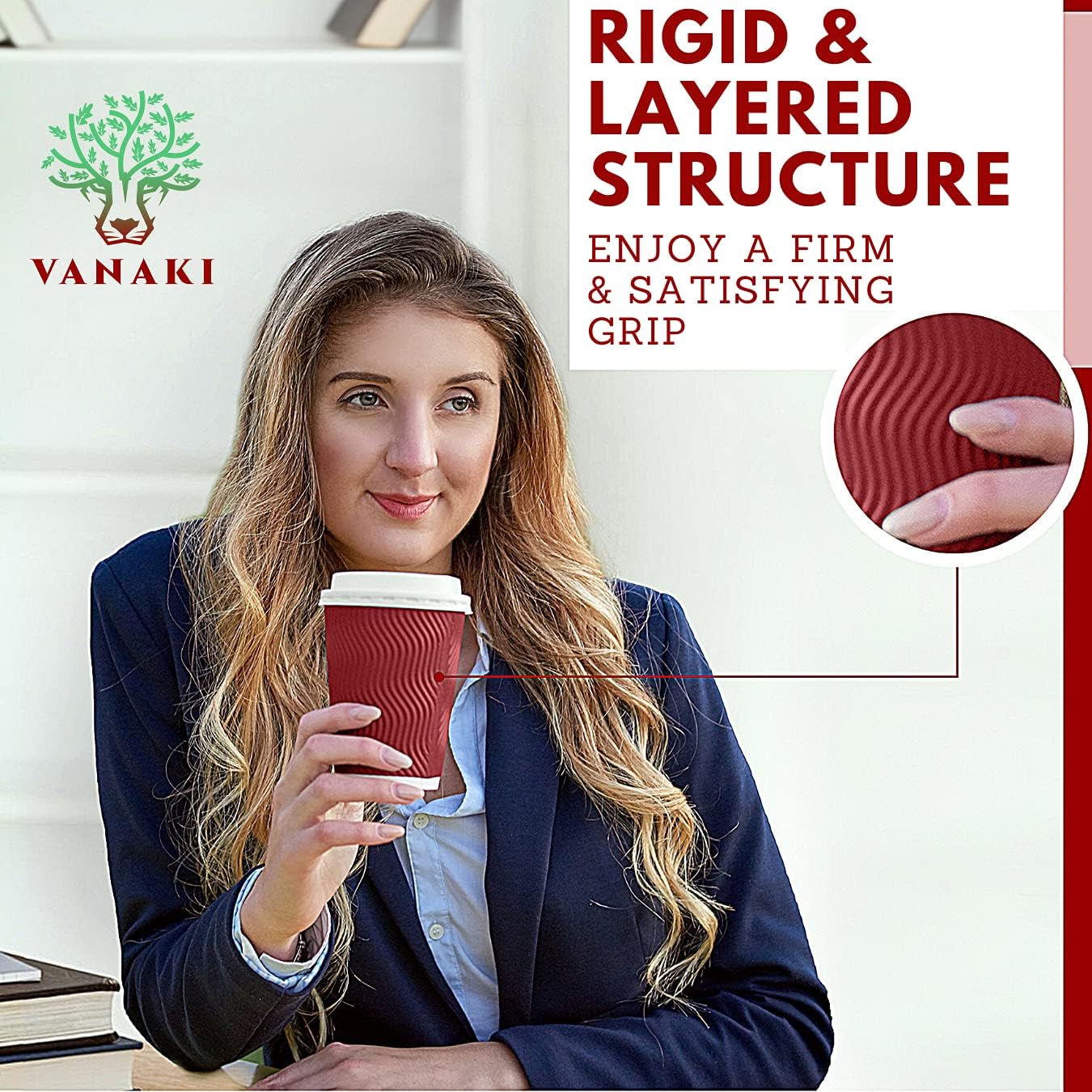 VANAKI 85 Sets - 12 Oz Disposable Paper Coffee Cups with Lids + Wooden Stirrers + 5 [BONUS] Carriers - Triple Layer Insulated Togo Hot Cups - Leak Proof Reusable Paper Cup and Lid - Fully Recyclable