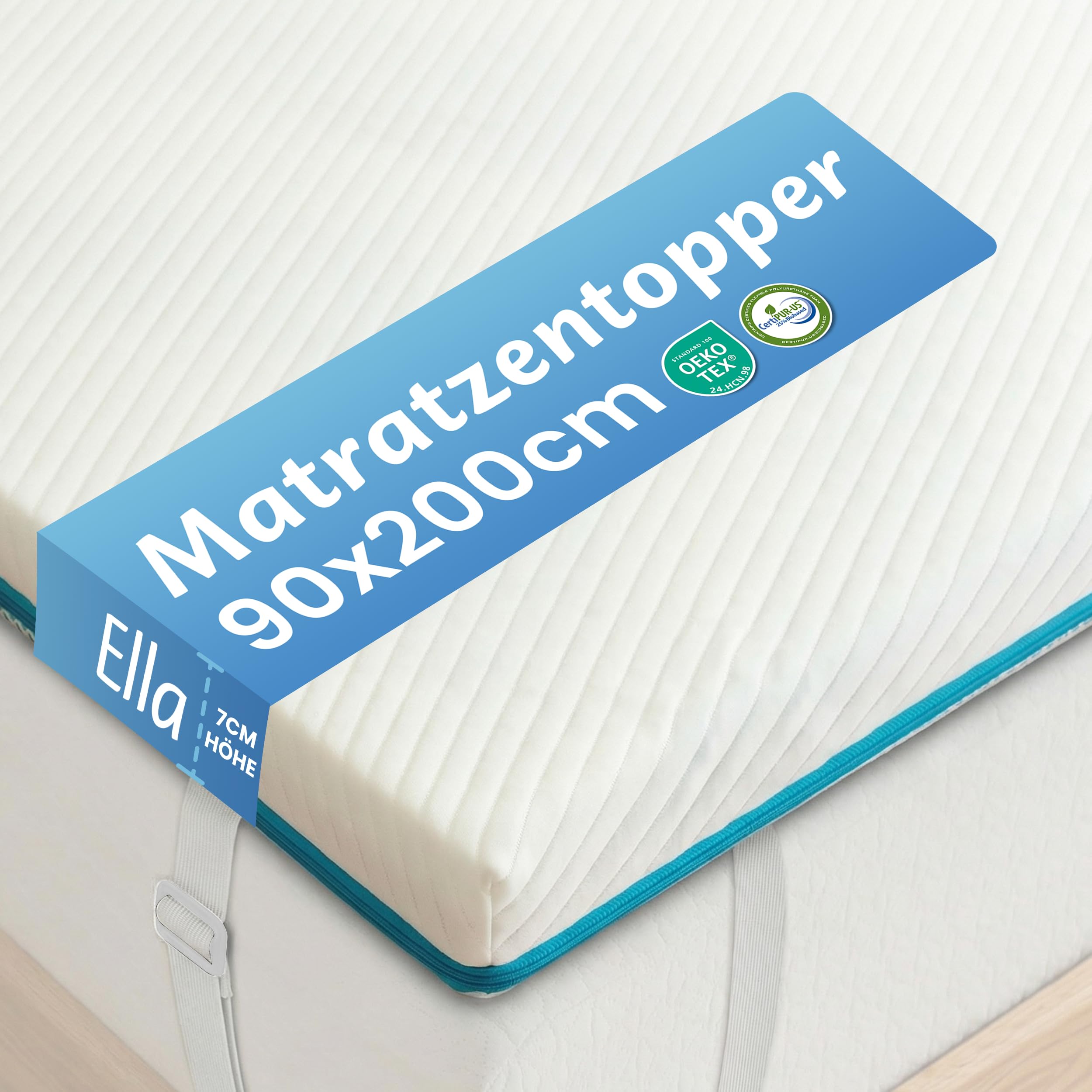 Ella Topper 90x200cm H3 H2 7cm hoch, Matratzentopper mit Elastischer und Rutschfester Unterseite, Gel Memory Schaum, Öko-Tex & CertiPUR zertifizierter Visco Thick Mattress Topper