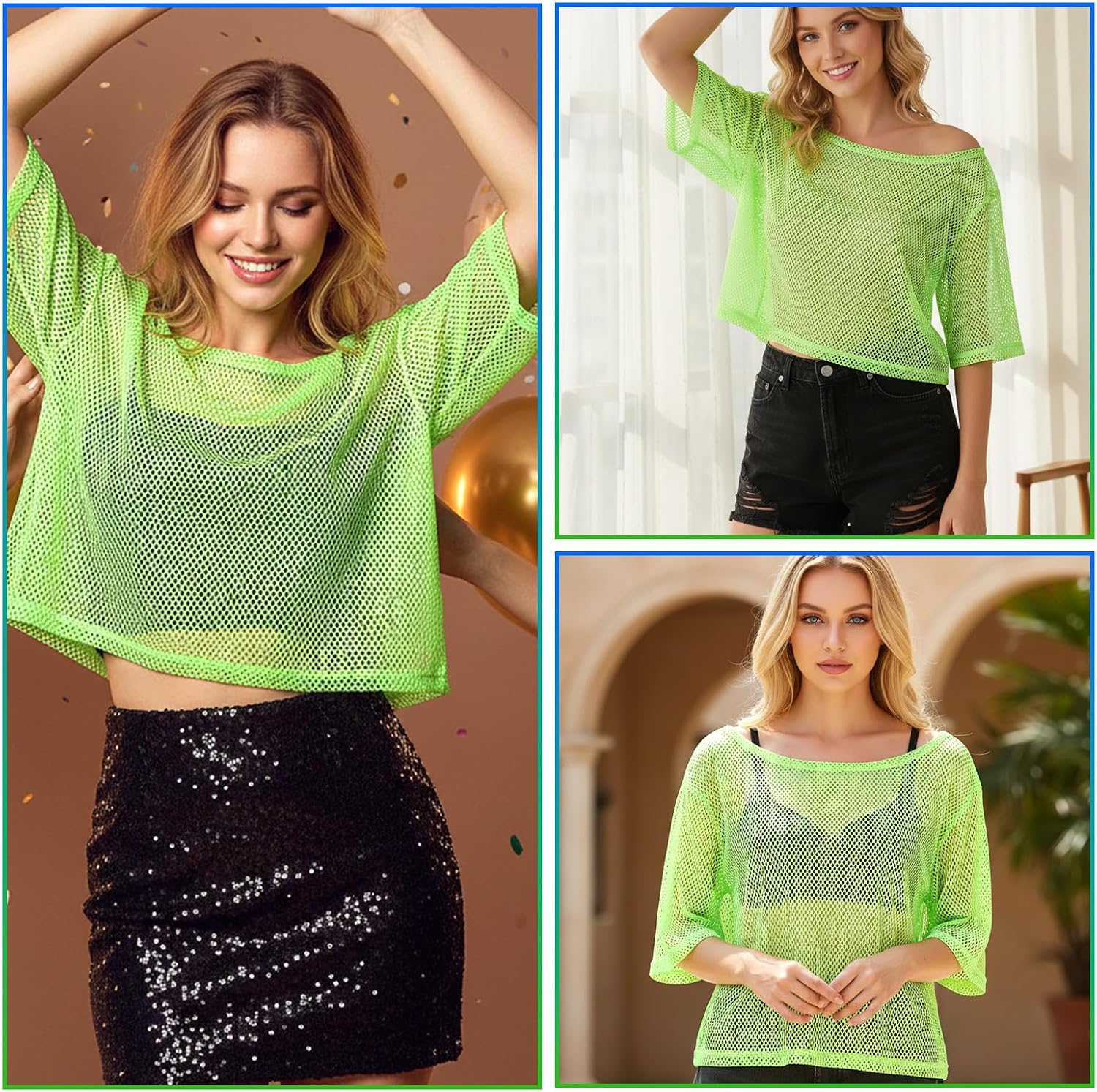 1 Pc Neon Mesh Top for Women, Fishnet Neon Shirts, Mesh Neon Green Top, 80s Neon Party Clothes for Women Masquerade Disco Party (Large)